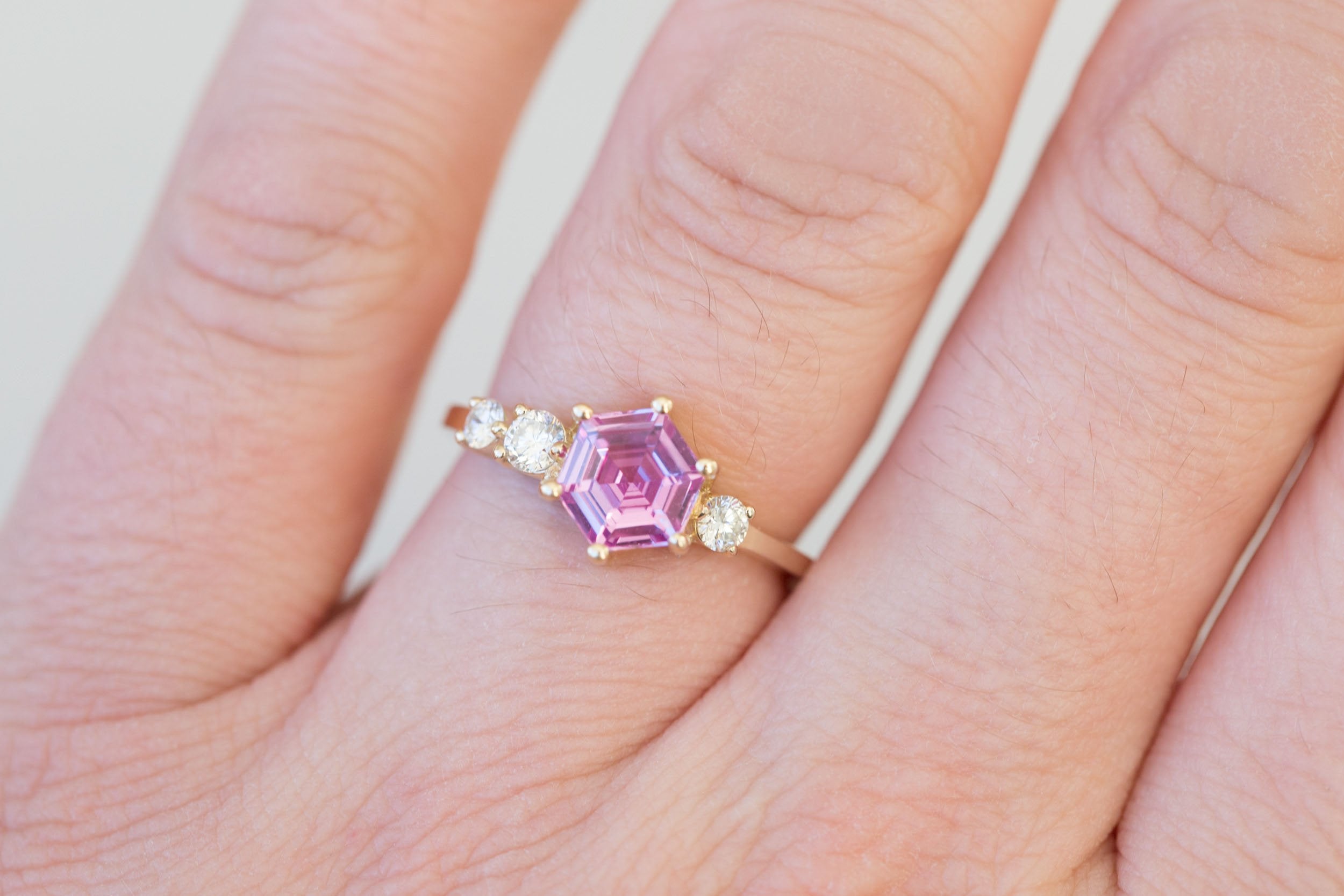 Cassia Ring | Magenta Step Cut Sapphire + Diamond Asymmetrical Engagement Ring 1.56 ct | 14k Recycled Gold | One of a Kind