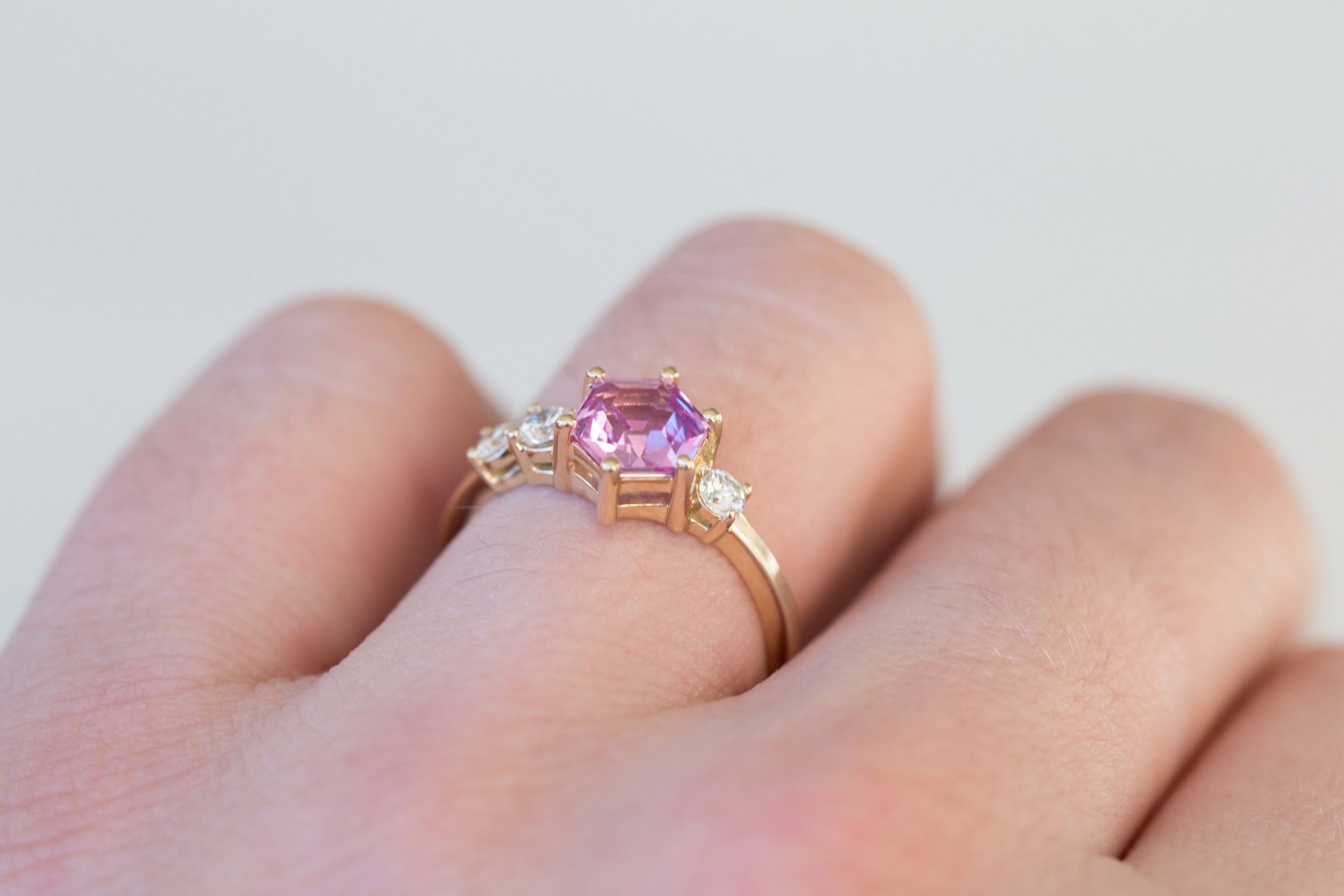 Cassia Ring | Magenta Step Cut Sapphire + Diamond Asymmetrical Engagement Ring 1.56 ct | 14k Recycled Gold | One of a Kind