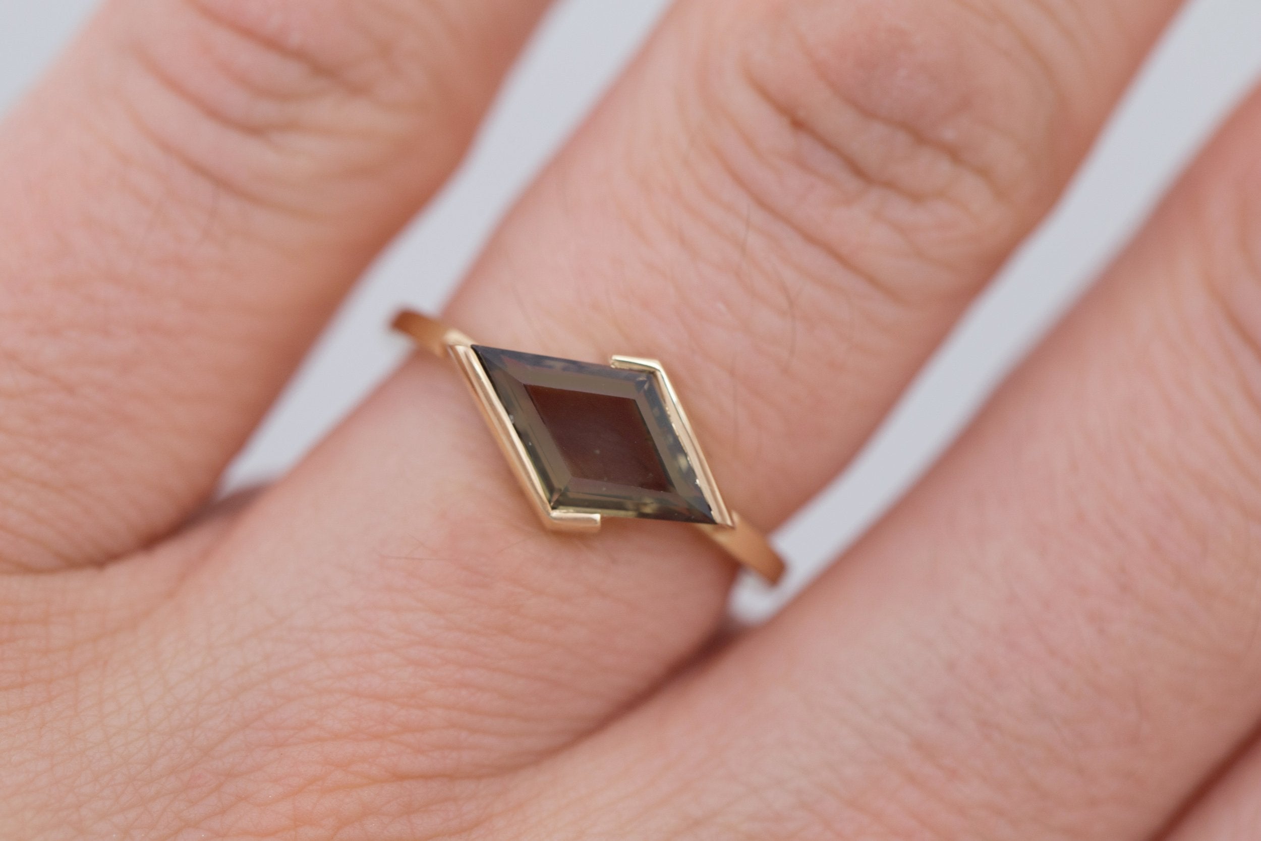 Varda Ring | Olive Rhombus Engagement Ring 1.56 ct | 14k Recycled Gold | One of a Kind