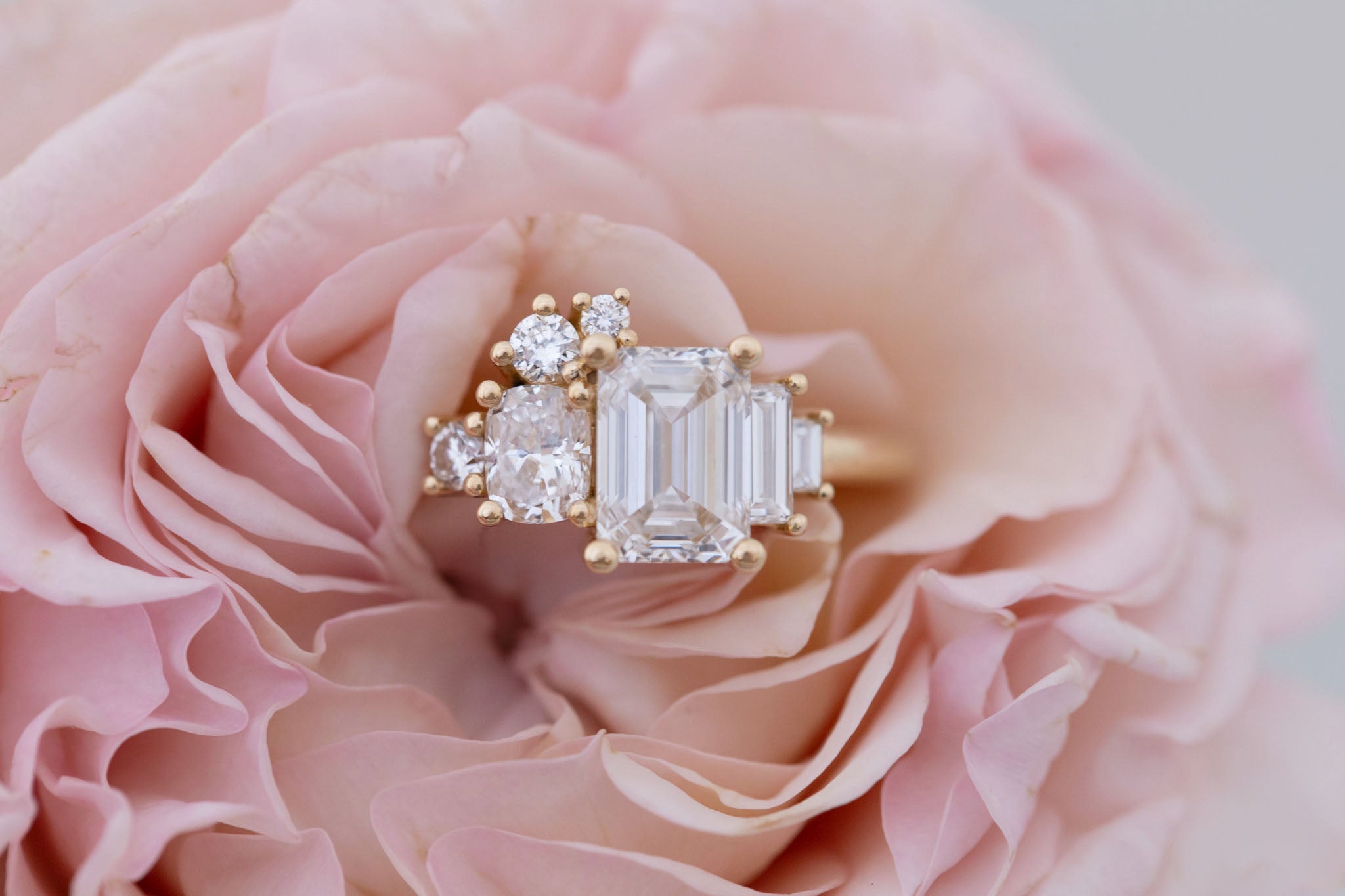 Rosalie Ring | Lab Radiant Diamond + Diamond Cluster Engagement Ring 1.56 ct | 14k Recycled Gold | One of a Kind