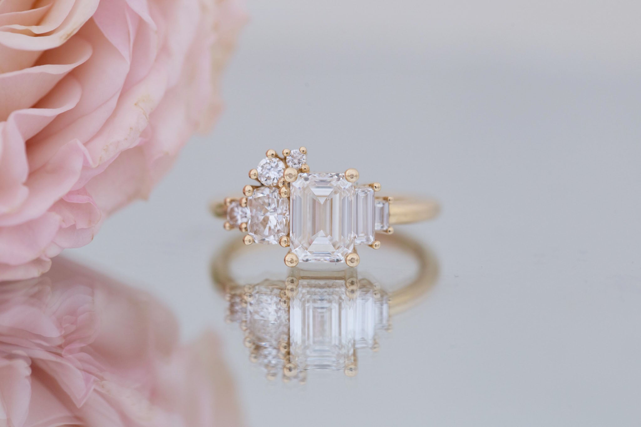 Rosalie Ring | Lab Radiant Diamond + Diamond Cluster Engagement Ring 1.56 ct | 14k Recycled Gold | One of a Kind