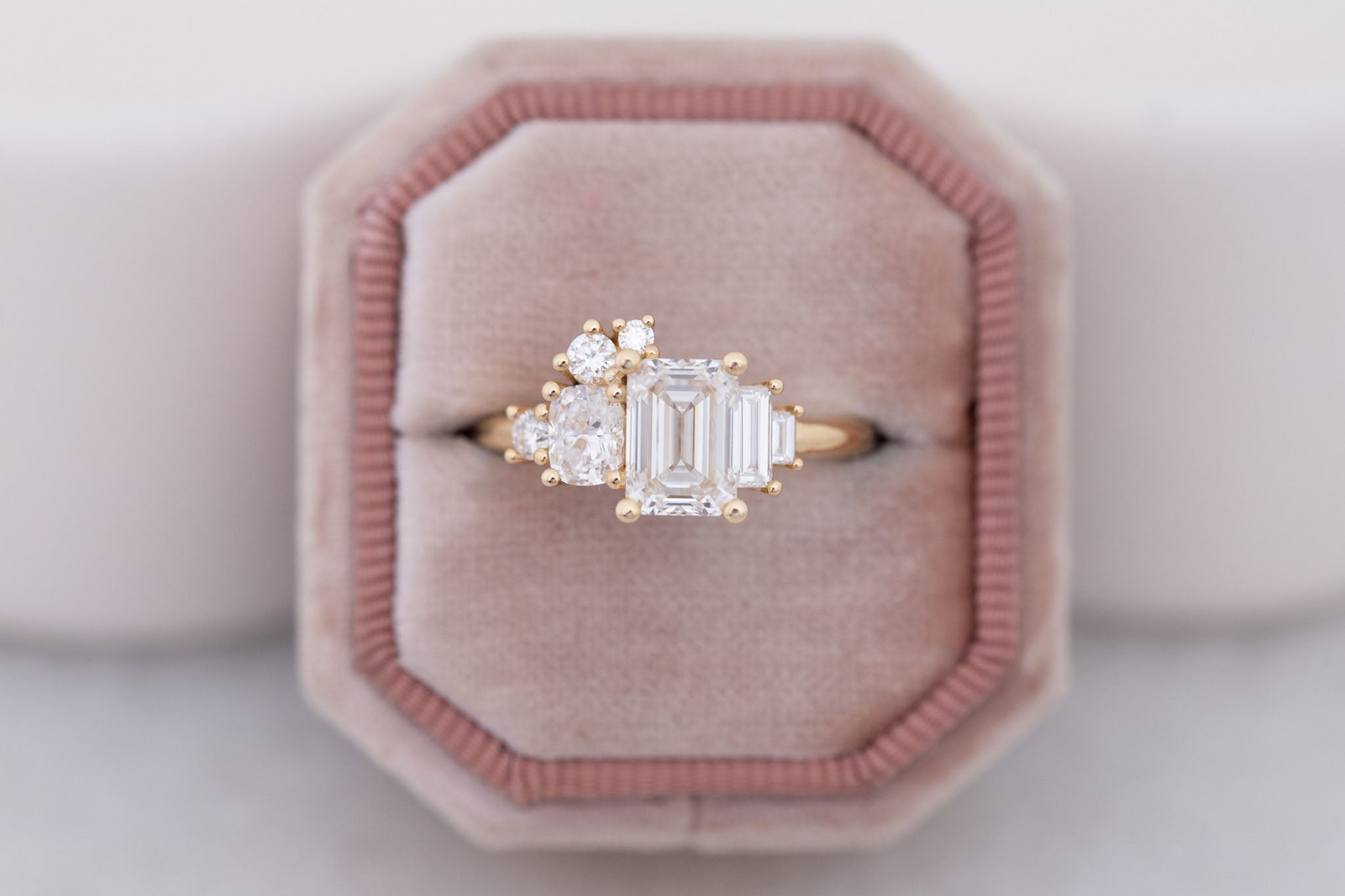 Rosalie Ring | Lab Radiant Diamond + Diamond Cluster Engagement Ring 1.56 ct | 14k Recycled Gold | One of a Kind