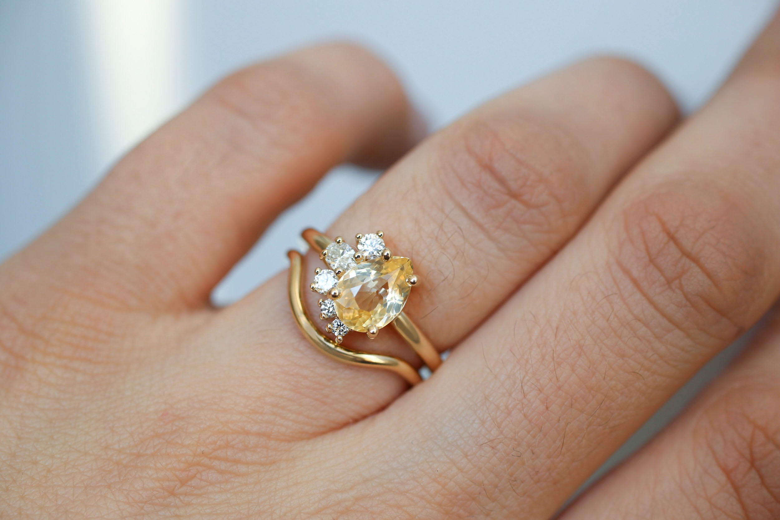 Evaline Ring | Pear Cut Apricot Sapphire + Asymmetrical Diamond Cluster Engagement Ring | 14k Recycled Gold | One of a Kind