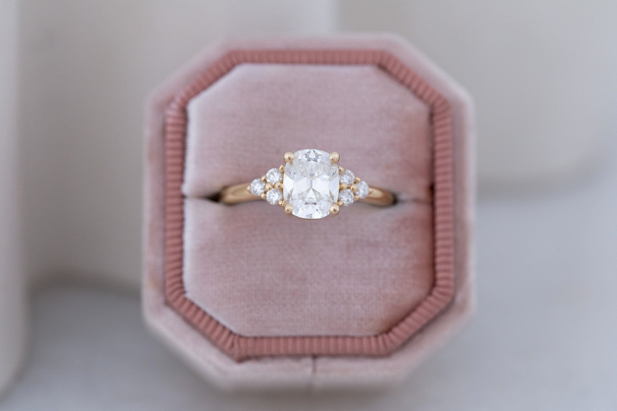 Verona Ring | Lab Antique Cushion Cut Diamond + Round Diamond Accents Engagement Ring 1.57 ct | 14k Recycled Gold | One of a Kind