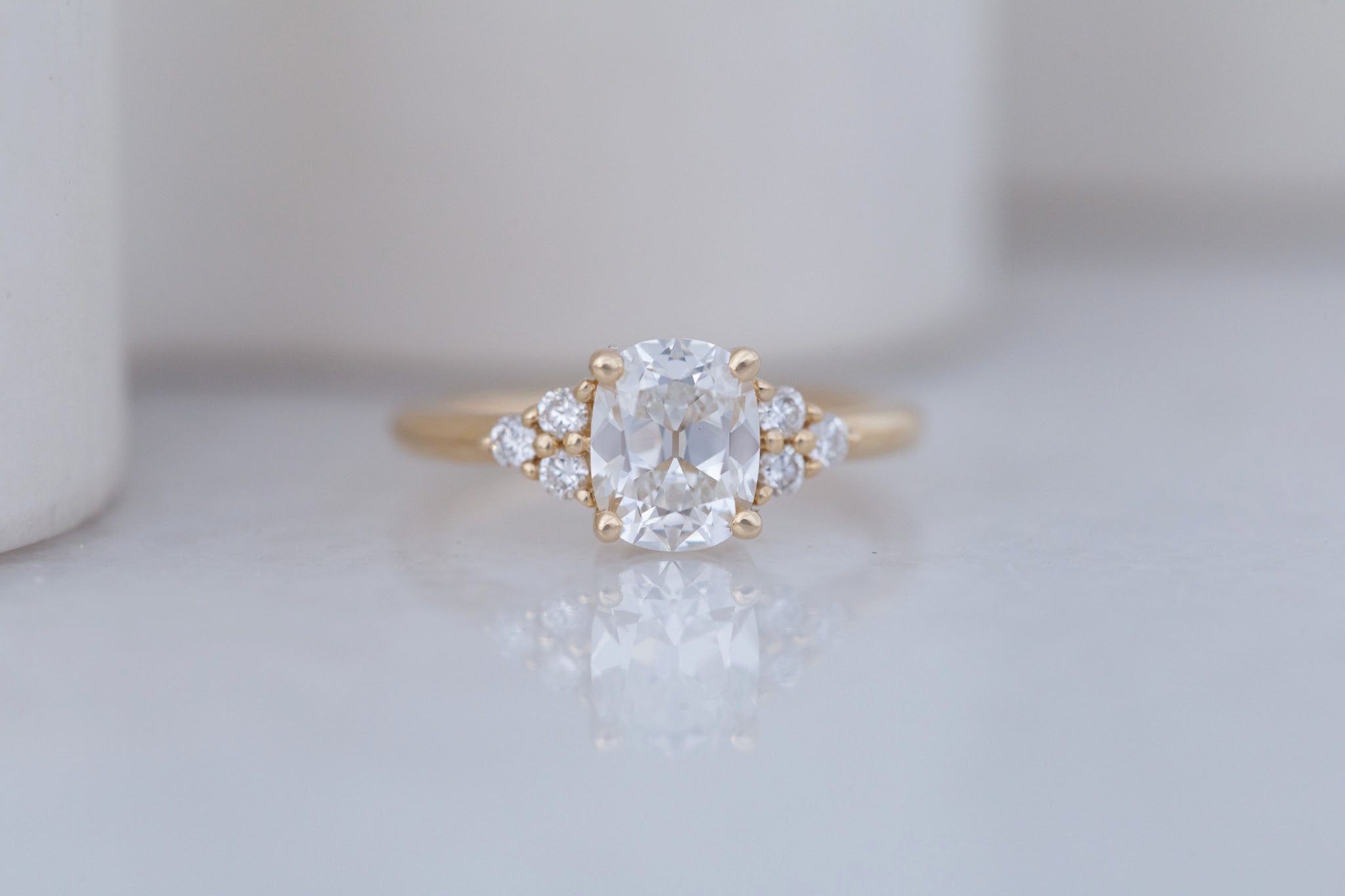 Verona Ring | Lab Antique Cushion Cut Diamond + Round Diamond Accents Engagement Ring 1.57 ct | 14k Recycled Gold | One of a Kind