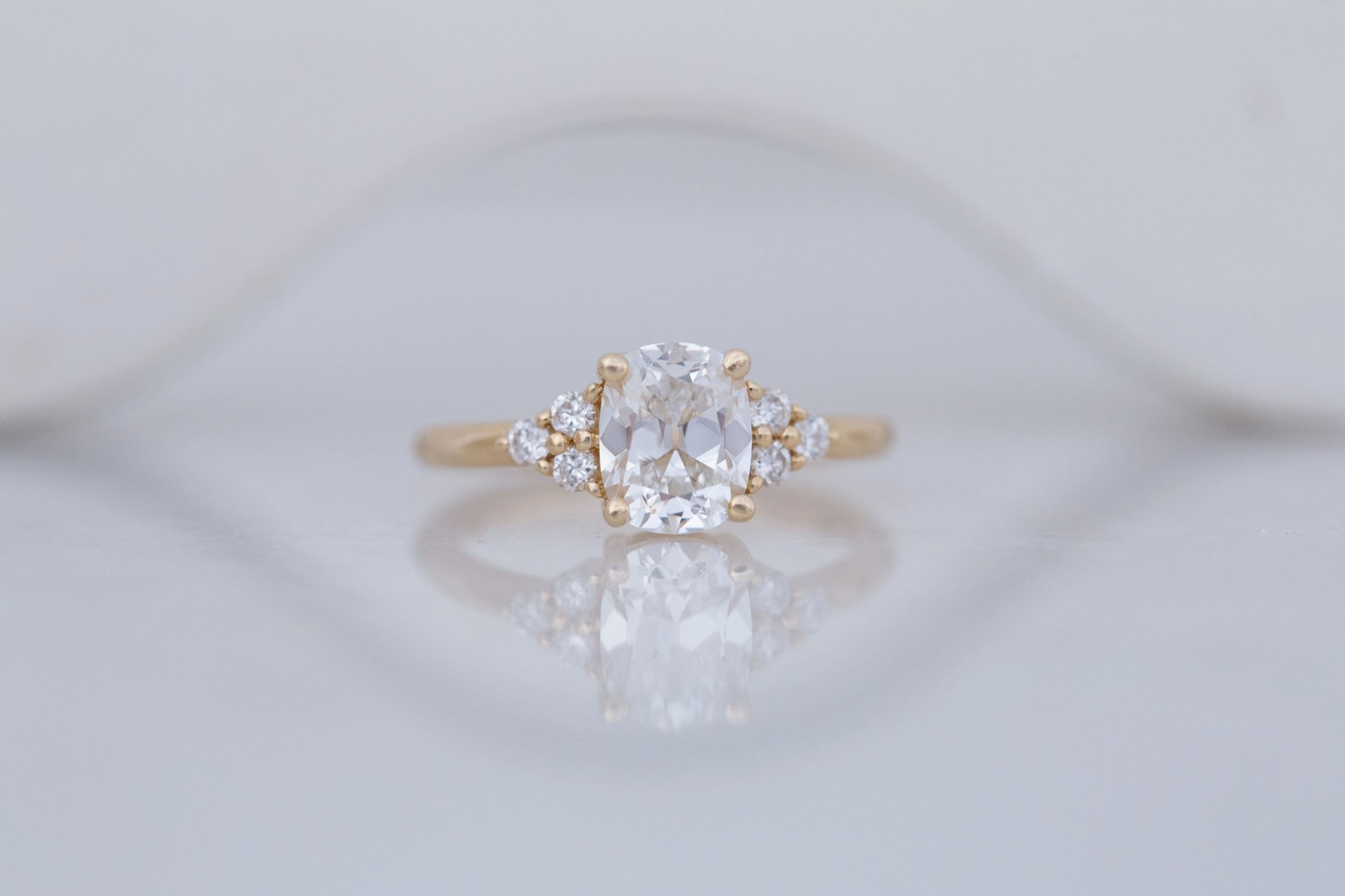 Verona Ring | Lab Antique Cushion Cut Diamond + Round Diamond Accents Engagement Ring 1.57 ct | 14k Recycled Gold | One of a Kind