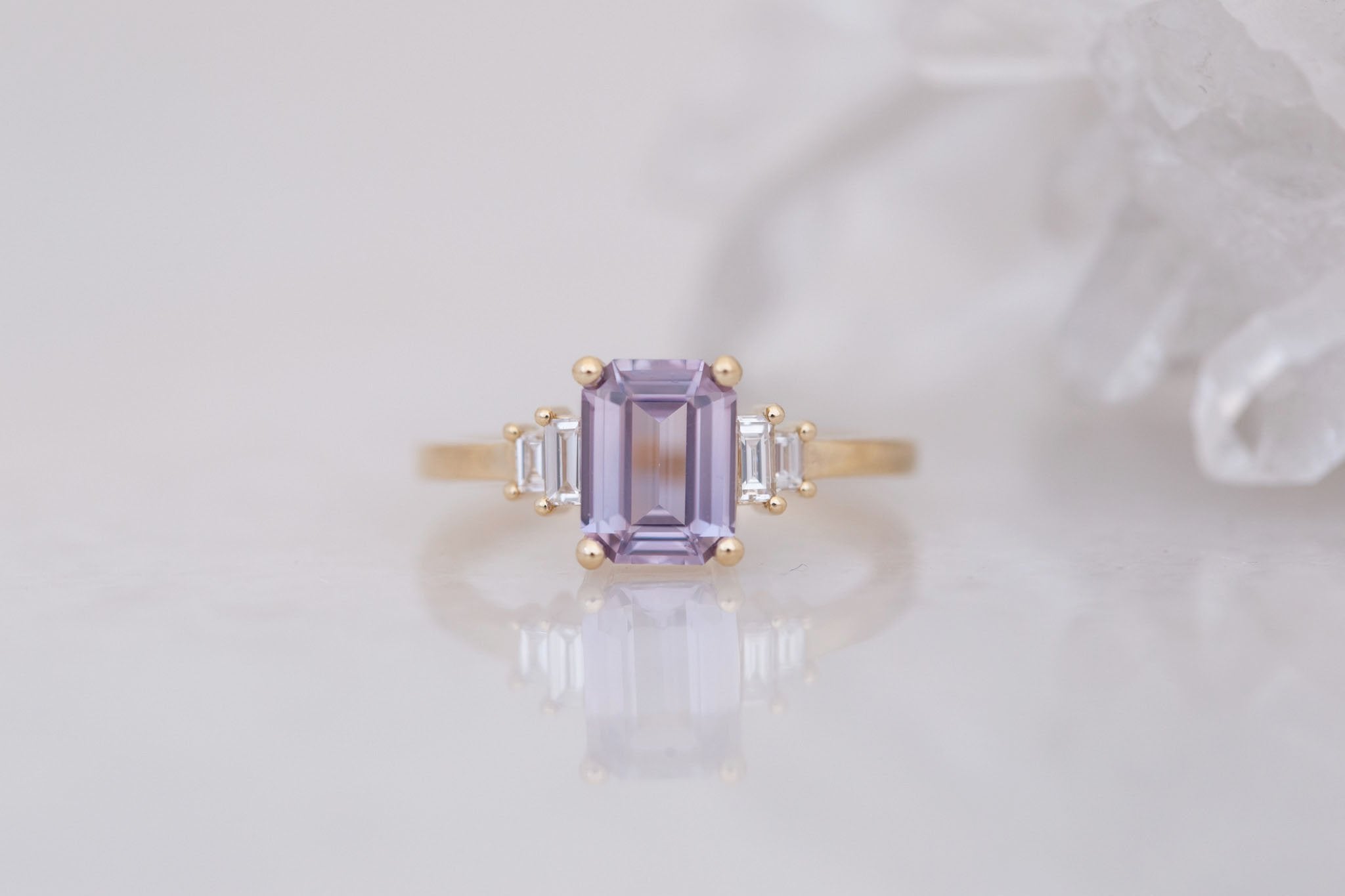 Ash Ring | Lavender Emerald Cut Sapphire + Diamond Baguette Engagement Ring 1.58 ct | 14k Recycled Gold | One of a Kind