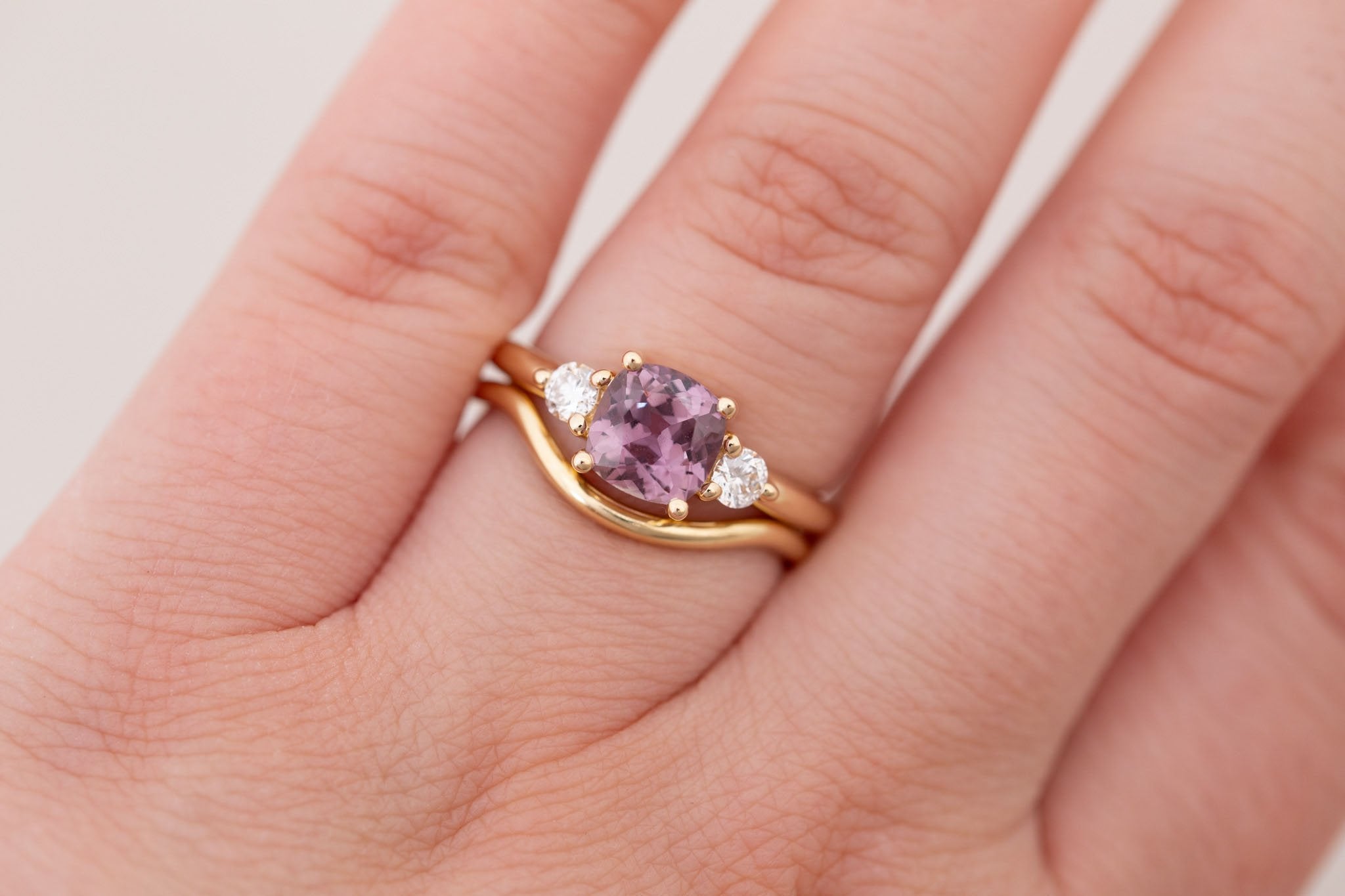 Maeve Ring | Maroon Cushion Sapphire + Round Diamond Accent Engagement Ring 1.58 ct | 14k Recycled Gold | One of a Kind