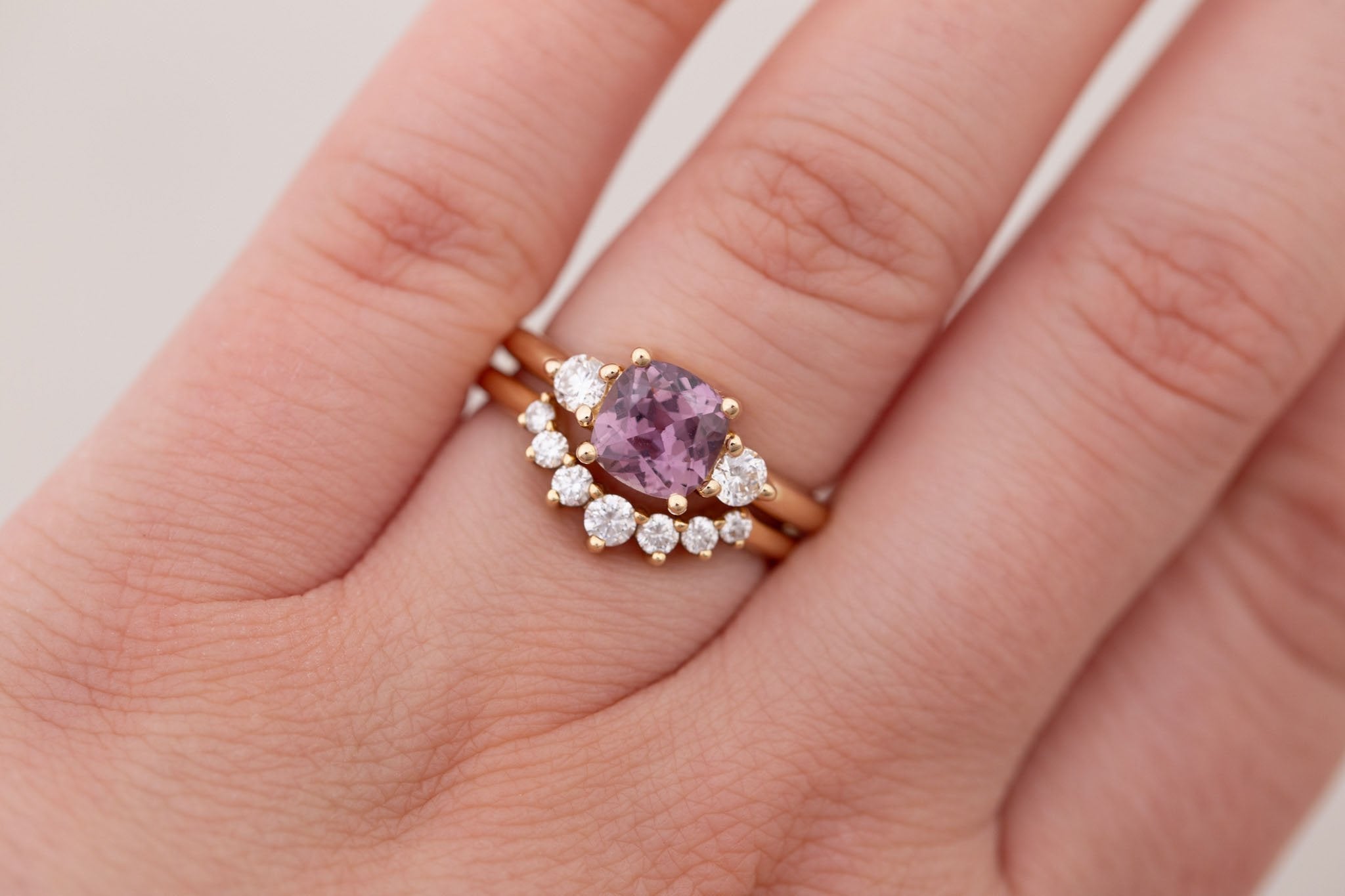 Maeve Ring | Maroon Cushion Sapphire + Round Diamond Accent Engagement Ring 1.58 ct | 14k Recycled Gold | One of a Kind