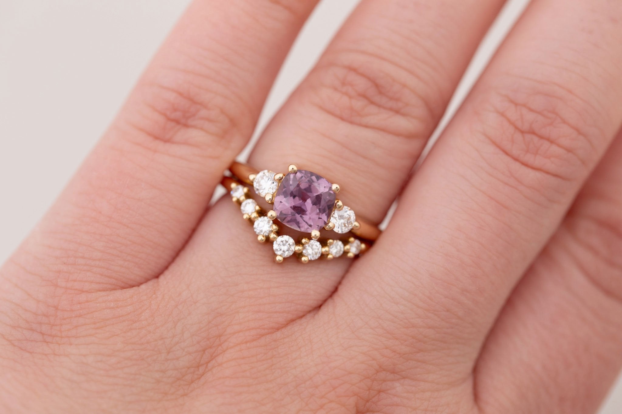 Maeve Ring | Maroon Cushion Sapphire + Round Diamond Accent Engagement Ring 1.58 ct | 14k Recycled Gold | One of a Kind