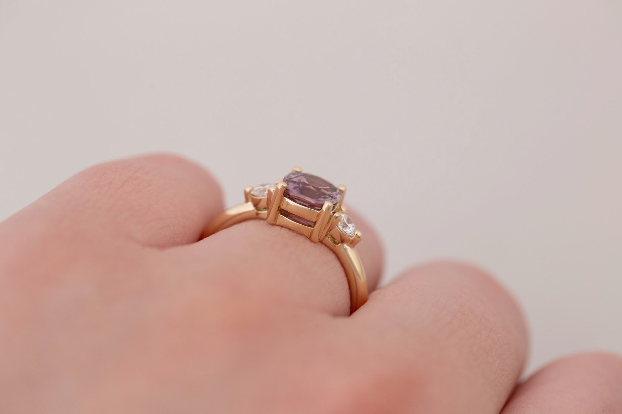 Maeve Ring | Maroon Cushion Sapphire + Round Diamond Accent Engagement Ring 1.58 ct | 14k Recycled Gold | One of a Kind