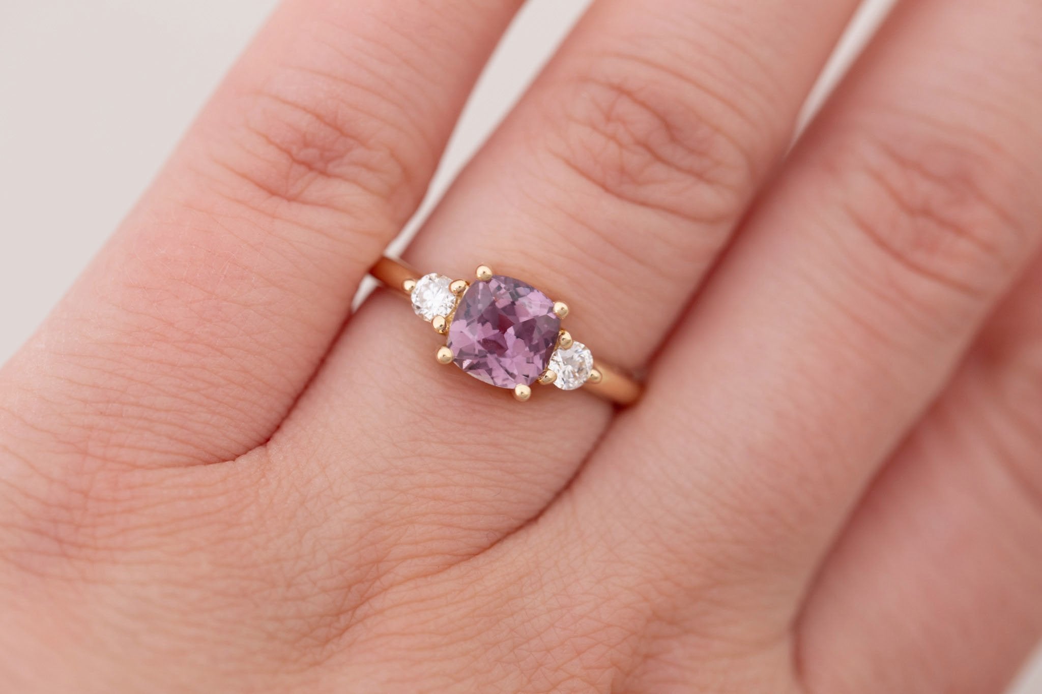 Maeve Ring | Maroon Cushion Sapphire + Round Diamond Accent Engagement Ring 1.58 ct | 14k Recycled Gold | One of a Kind