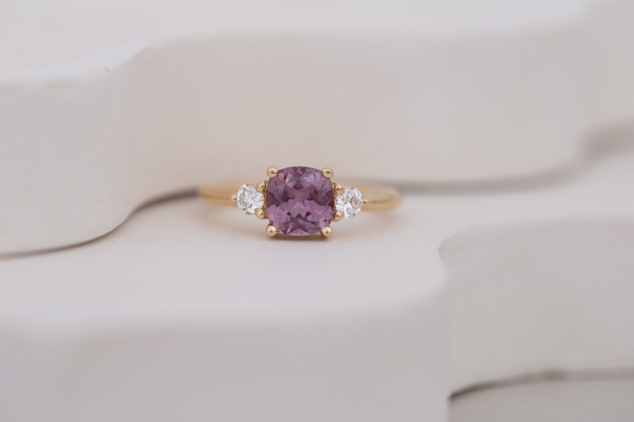 Maeve Ring | Maroon Cushion Sapphire + Round Diamond Accent Engagement Ring 1.58 ct | 14k Recycled Gold | One of a Kind