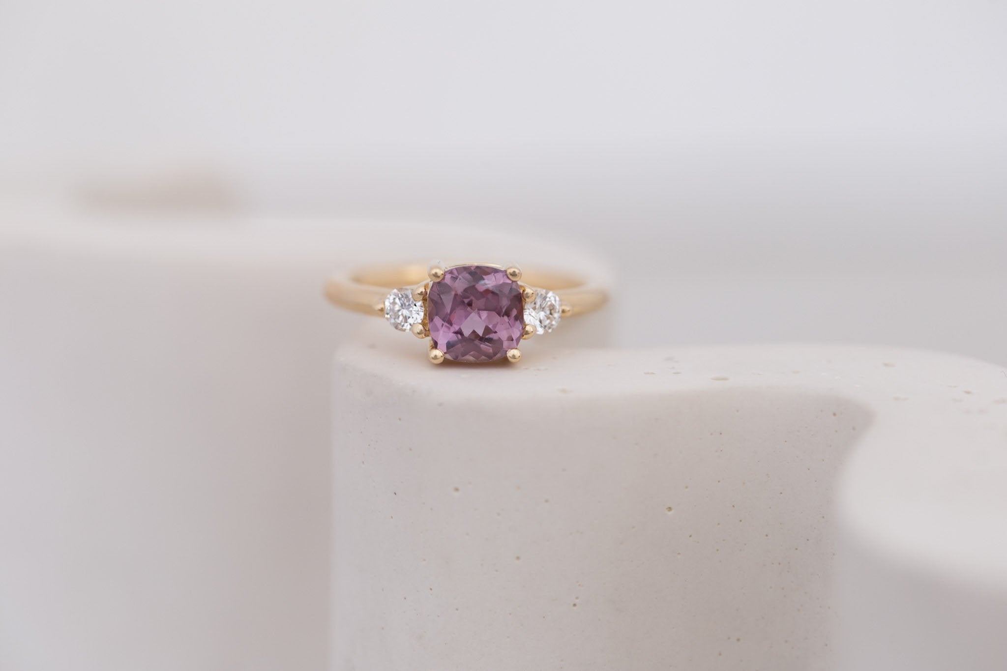 Maeve Ring | Maroon Cushion Sapphire + Round Diamond Accent Engagement Ring 1.58 ct | 14k Recycled Gold | One of a Kind