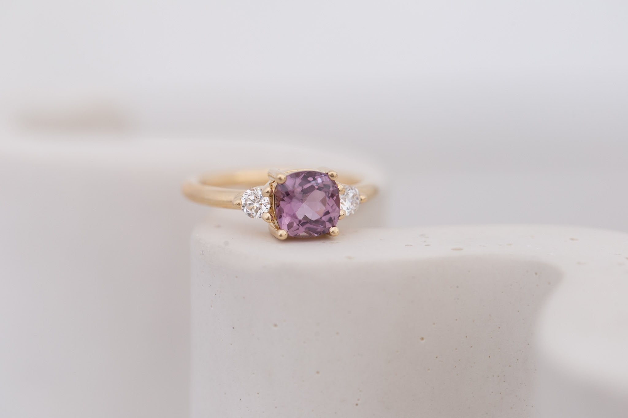 Maeve Ring | Maroon Cushion Sapphire + Round Diamond Accent Engagement Ring 1.58 ct | 14k Recycled Gold | One of a Kind