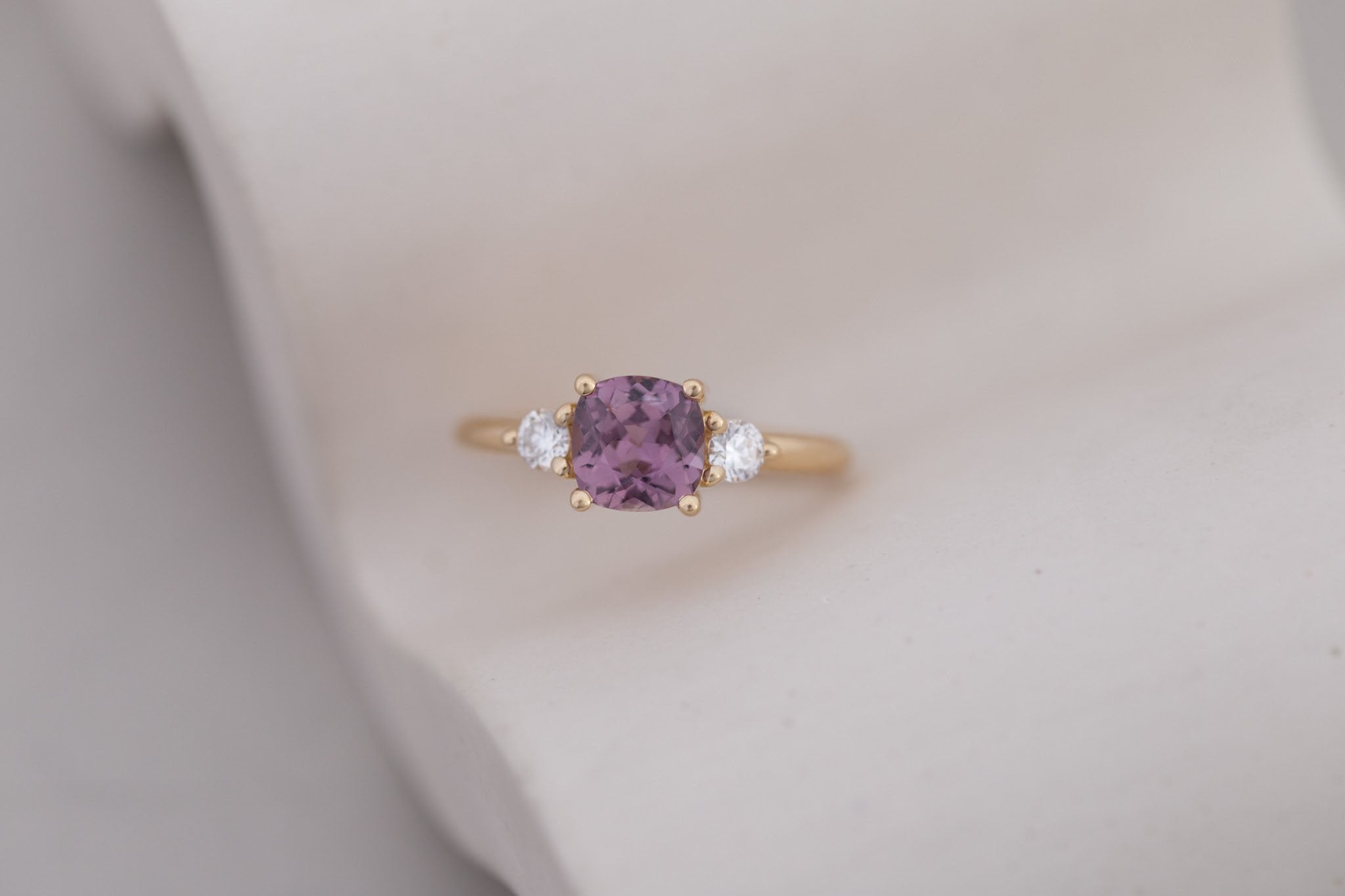 Maeve Ring | Maroon Cushion Sapphire + Round Diamond Accent Engagement Ring 1.58 ct | 14k Recycled Gold | One of a Kind