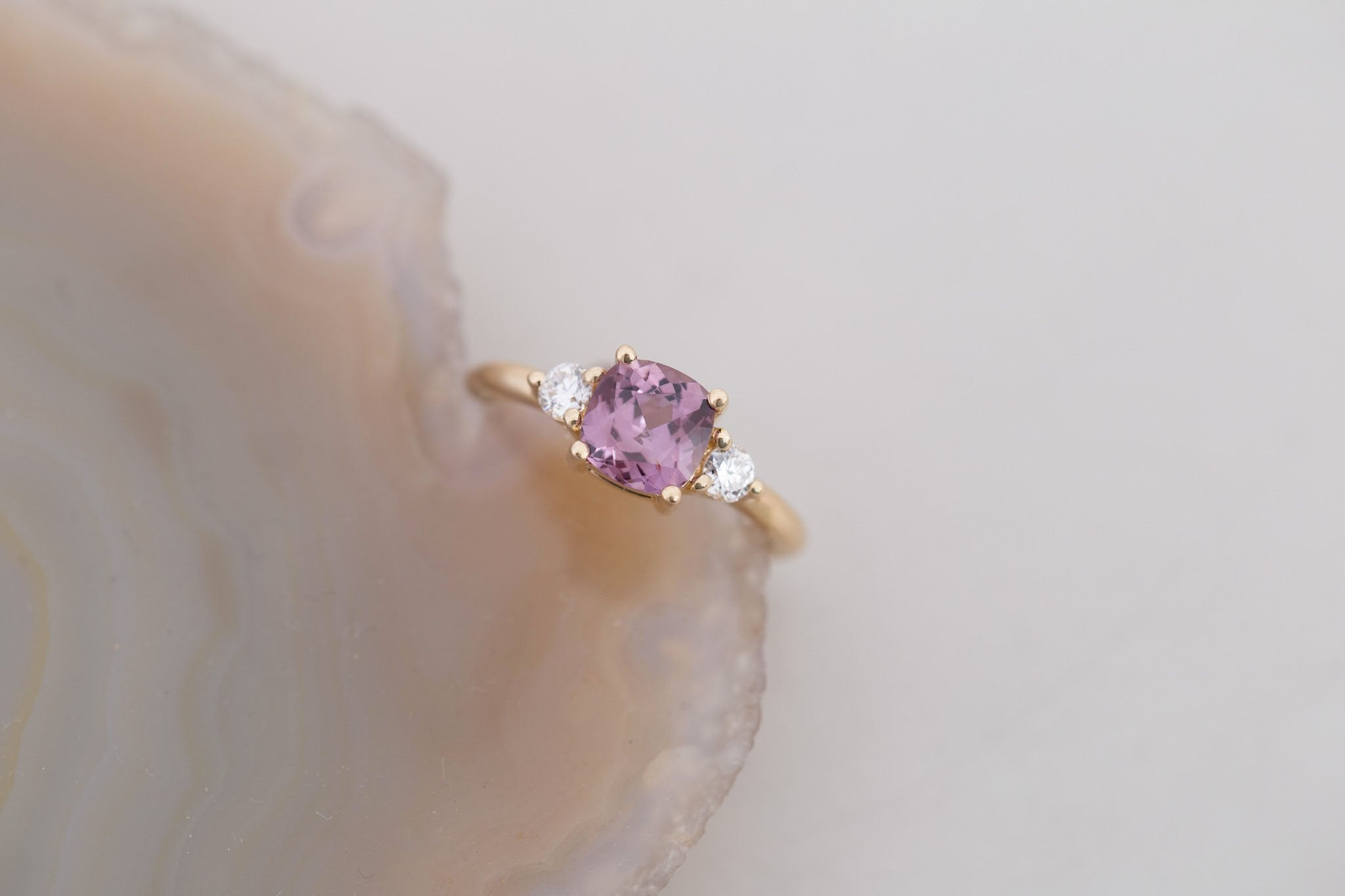 Maeve Ring | Maroon Cushion Sapphire + Round Diamond Accent Engagement Ring 1.58 ct | 14k Recycled Gold | One of a Kind