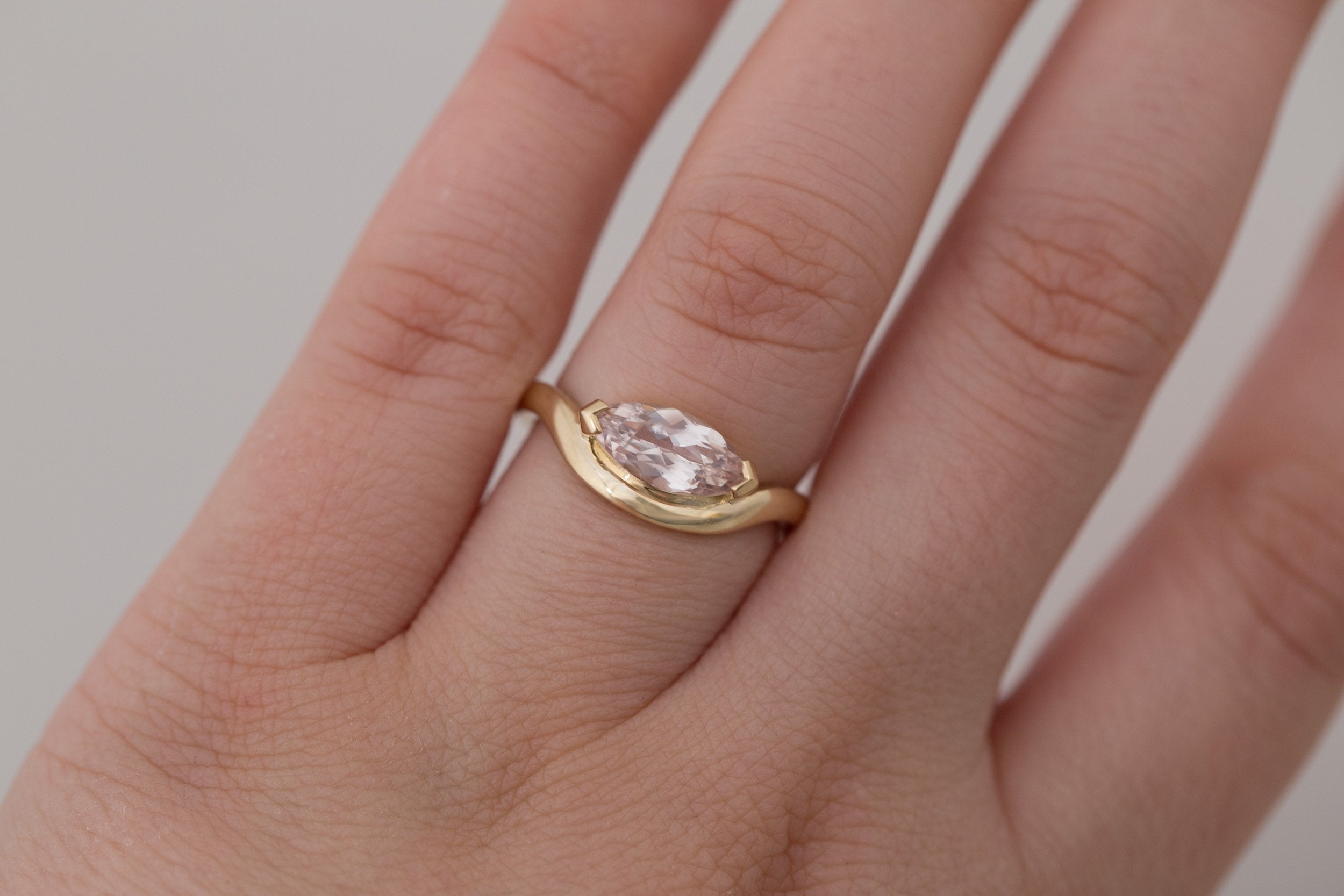 Rhodes Ring | Peach Marquise Sapphire Solitaire + Curved Band Engagement Ring 1.58 ct | 14k Recycled Gold | One of a Kind