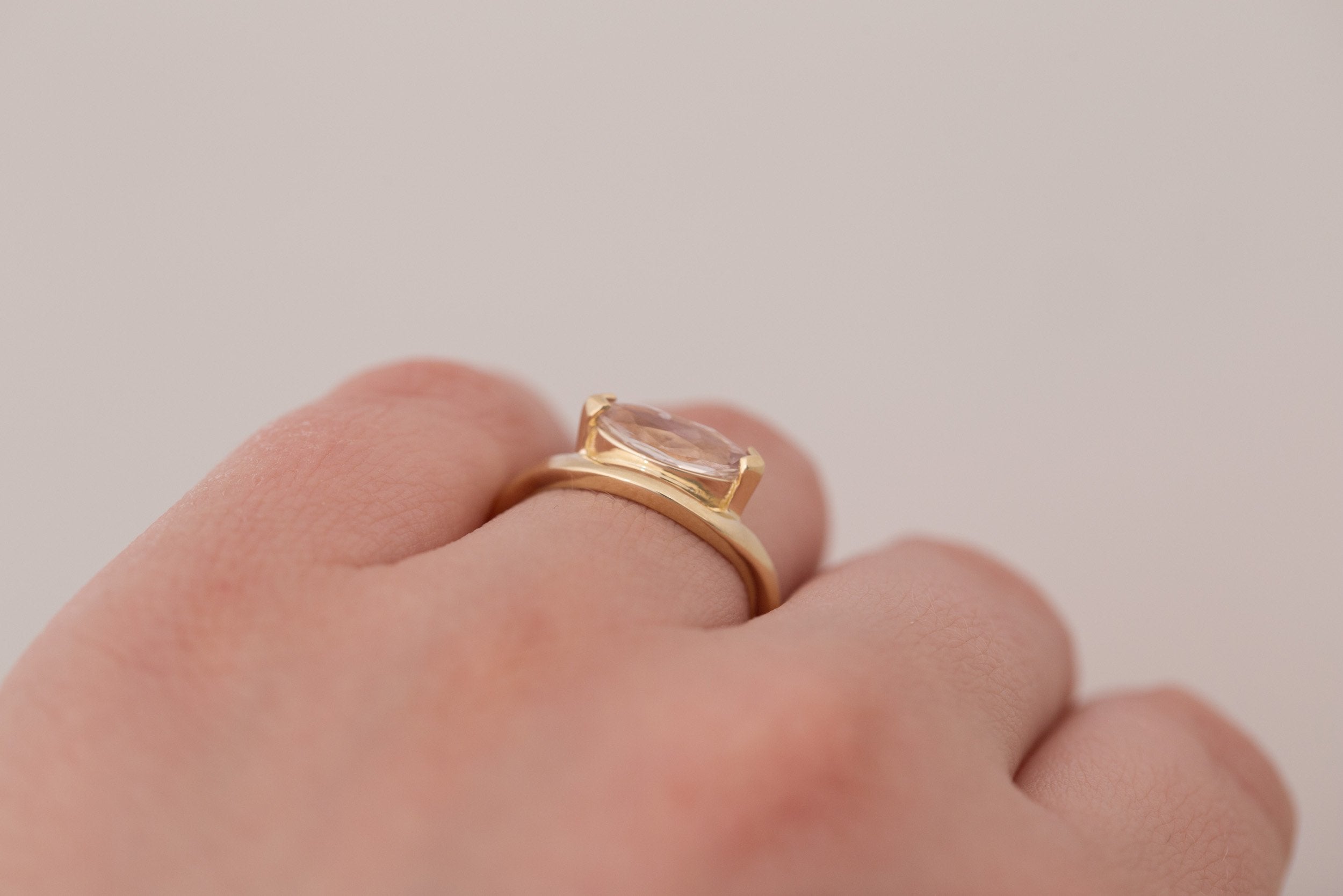 Rhodes Ring | Peach Marquise Sapphire Solitaire + Curved Band Engagement Ring 1.58 ct | 14k Recycled Gold | One of a Kind