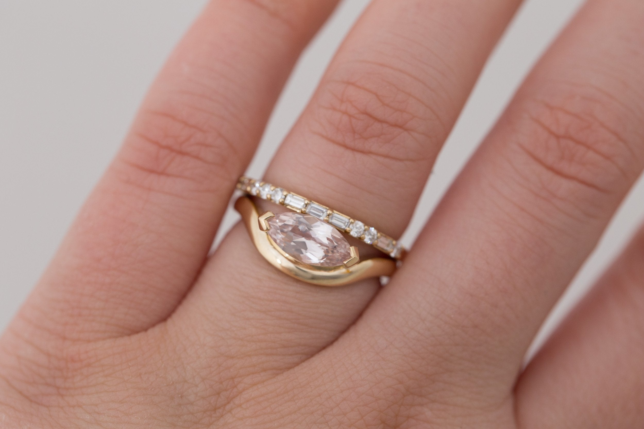 Rhodes Ring | Peach Marquise Sapphire Solitaire + Curved Band Engagement Ring 1.58 ct | 14k Recycled Gold | One of a Kind