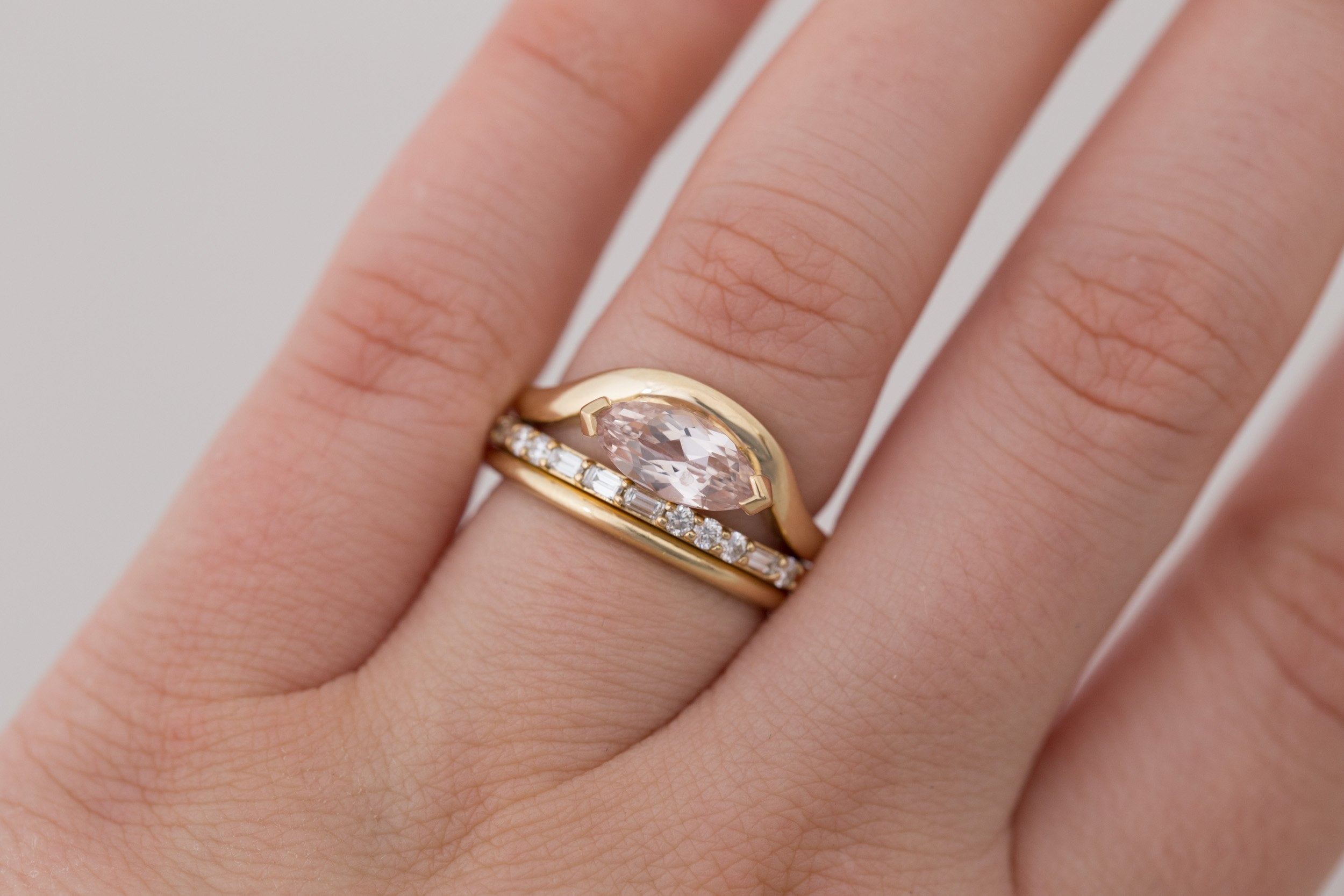 Rhodes Ring | Peach Marquise Sapphire Solitaire + Curved Band Engagement Ring 1.58 ct | 14k Recycled Gold | One of a Kind
