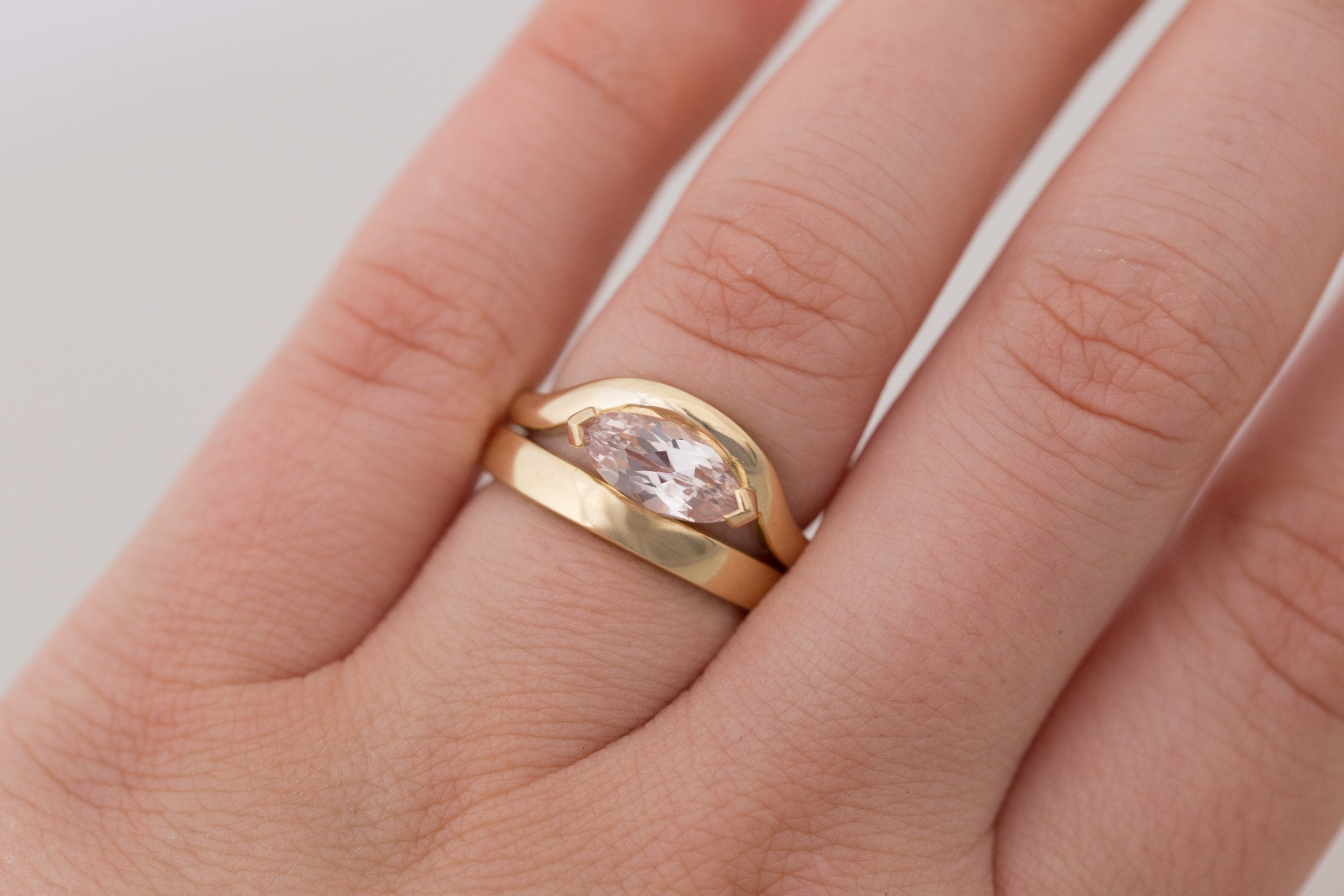Rhodes Ring | Peach Marquise Sapphire Solitaire + Curved Band Engagement Ring 1.58 ct | 14k Recycled Gold | One of a Kind