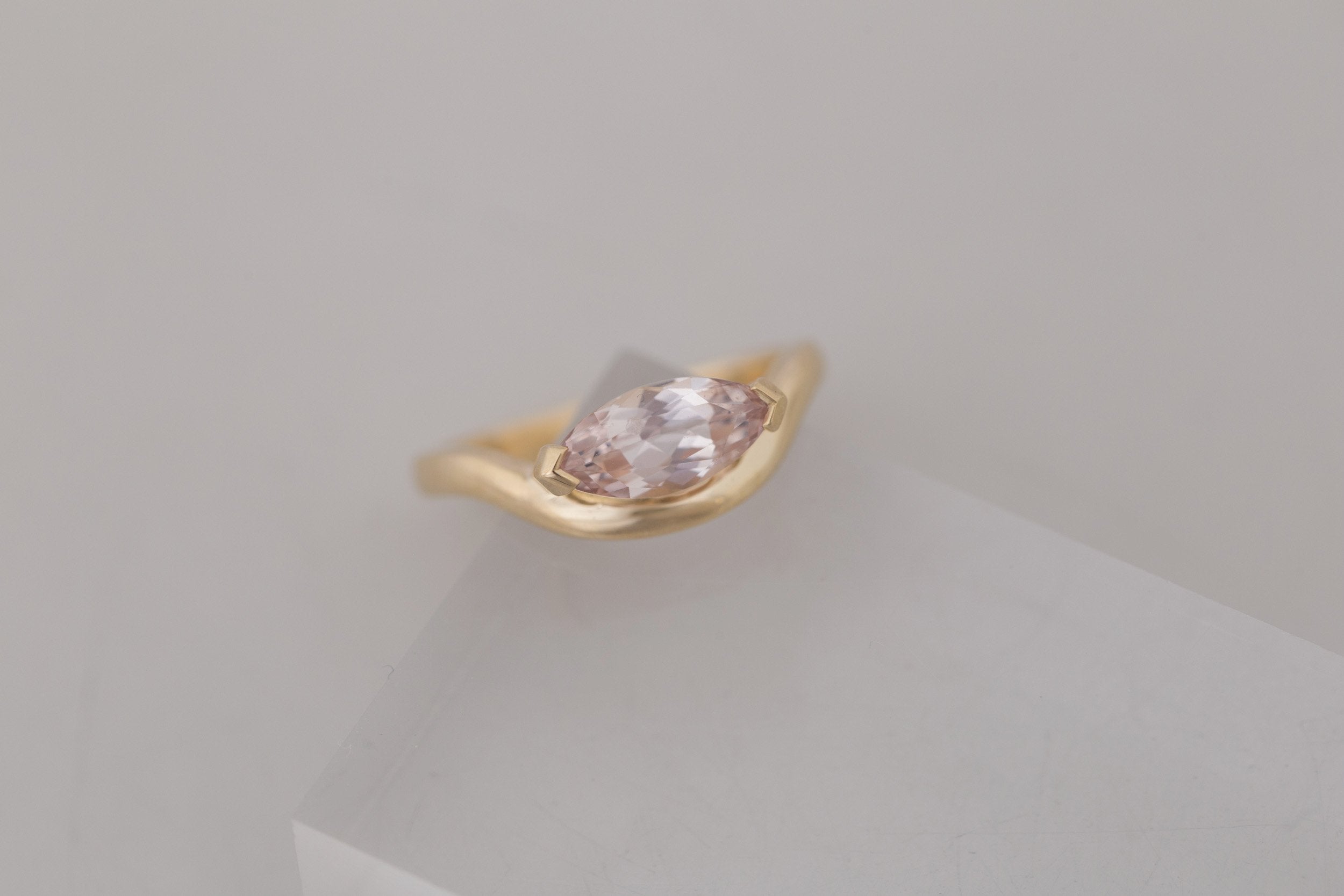 Rhodes Ring | Peach Marquise Sapphire Solitaire + Curved Band Engagement Ring 1.58 ct | 14k Recycled Gold | One of a Kind