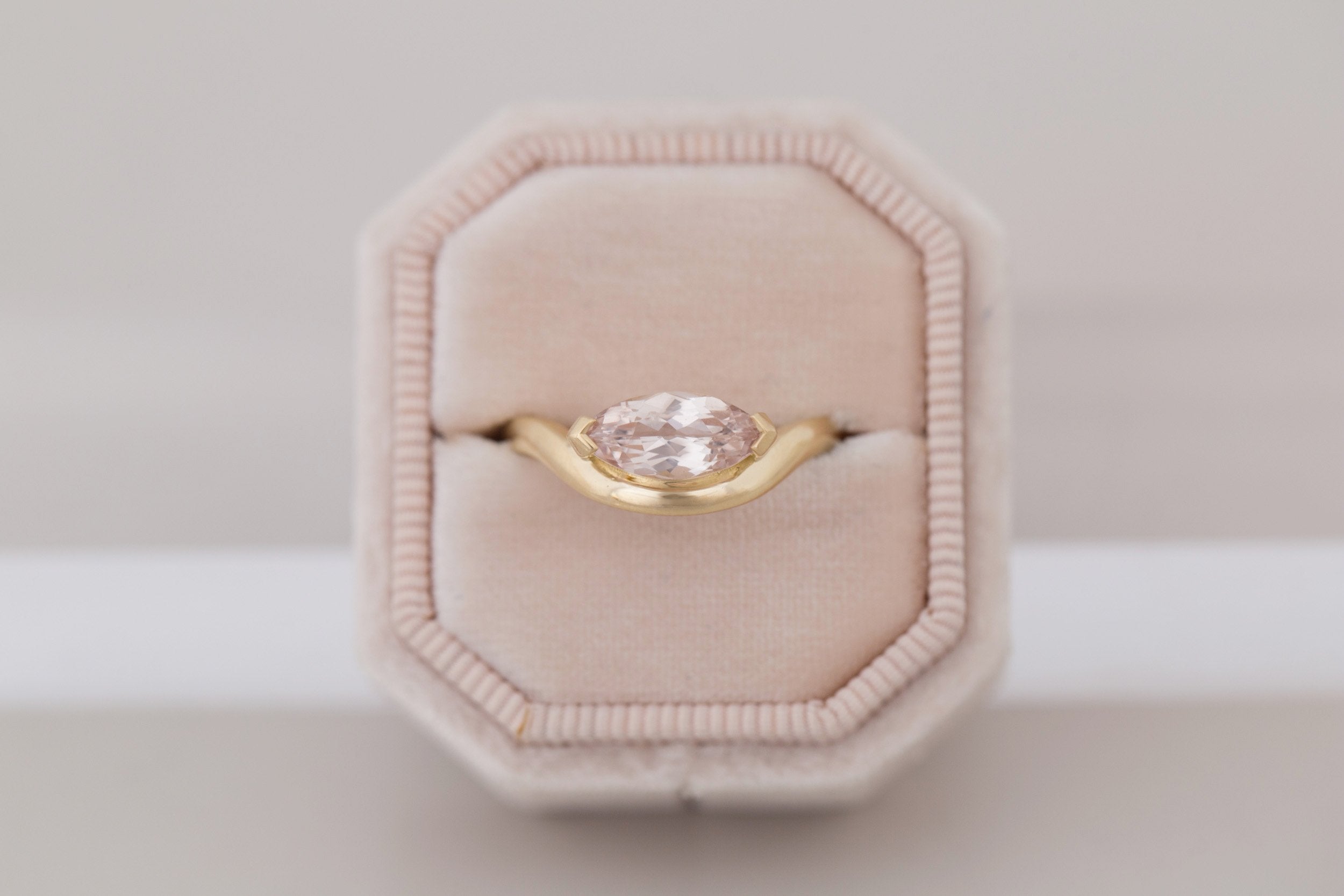 Rhodes Ring | Peach Marquise Sapphire Solitaire + Curved Band Engagement Ring 1.58 ct | 14k Recycled Gold | One of a Kind