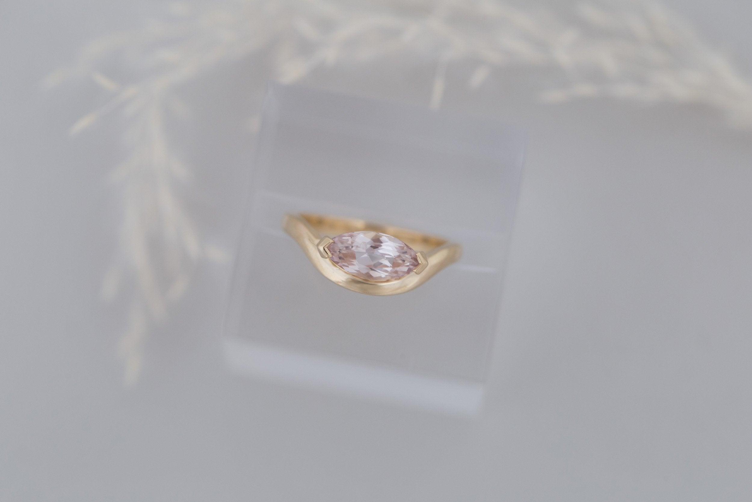 Rhodes Ring | Peach Marquise Sapphire Solitaire + Curved Band Engagement Ring 1.58 ct | 14k Recycled Gold | One of a Kind