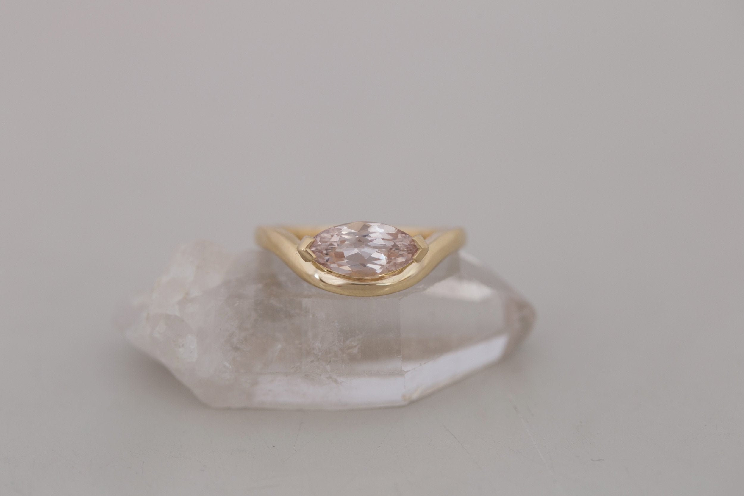 Rhodes Ring | Peach Marquise Sapphire Solitaire + Curved Band Engagement Ring 1.58 ct | 14k Recycled Gold | One of a Kind