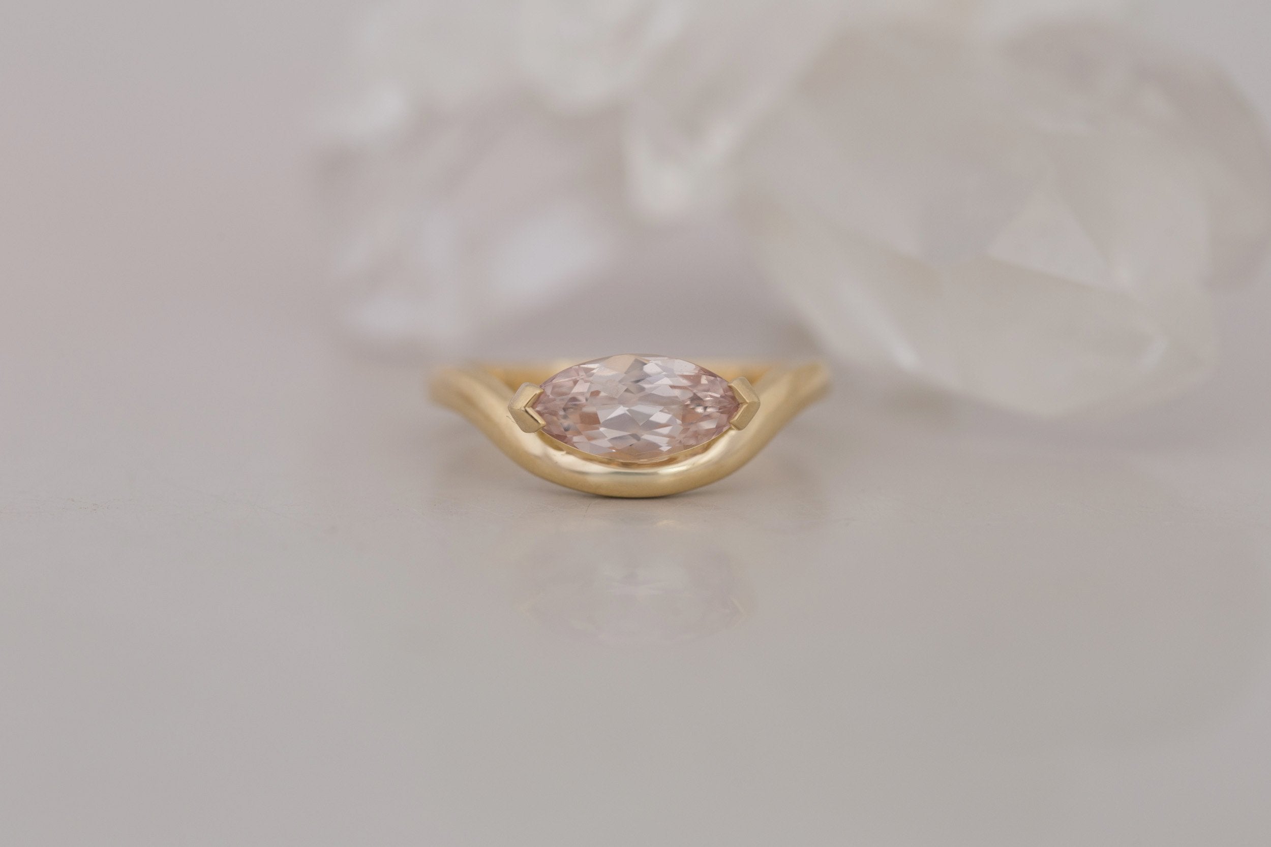 Rhodes Ring | Peach Marquise Sapphire Solitaire + Curved Band Engagement Ring 1.58 ct | 14k Recycled Gold | One of a Kind