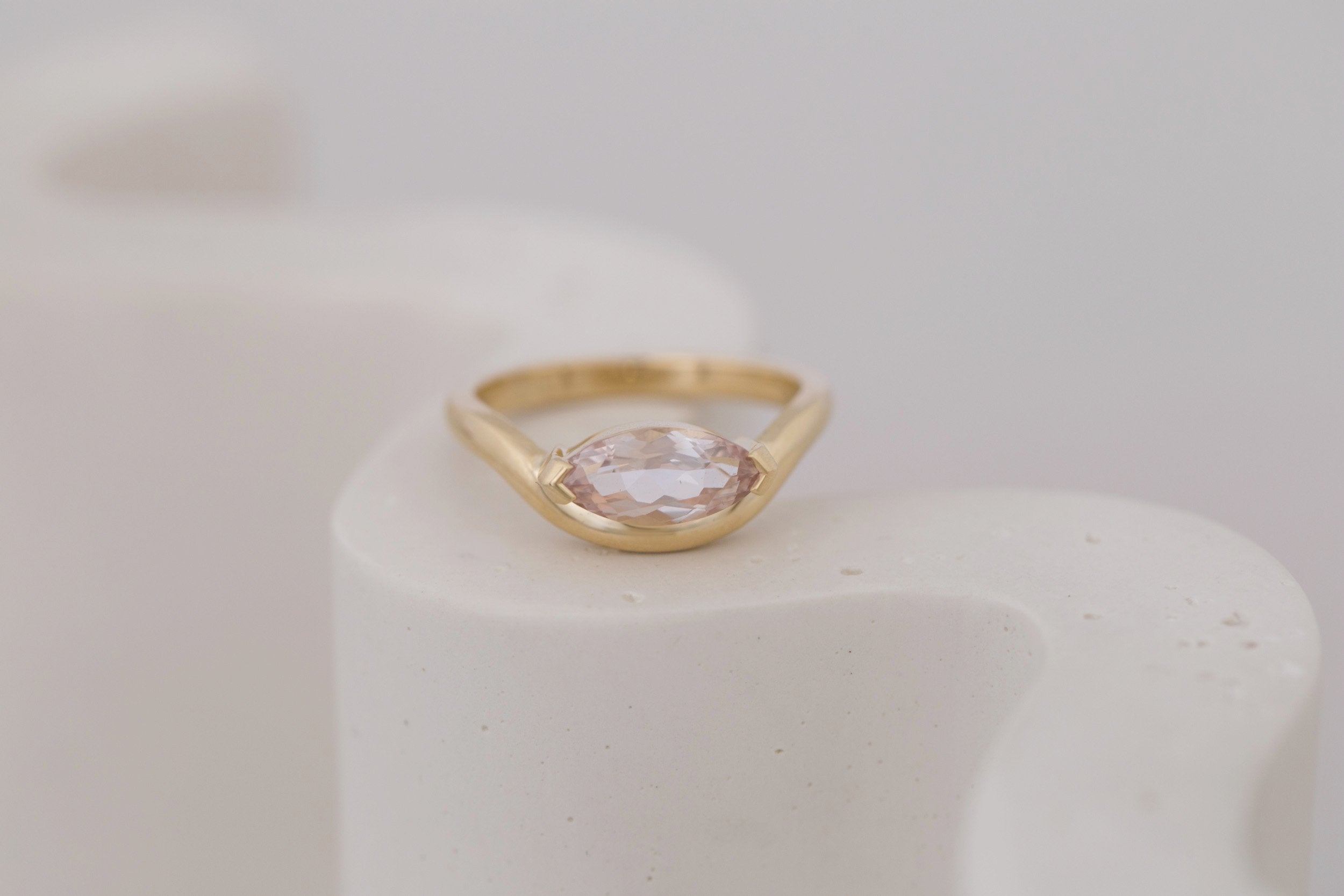 Rhodes Ring | Peach Marquise Sapphire Solitaire + Curved Band Engagement Ring 1.58 ct | 14k Recycled Gold | One of a Kind