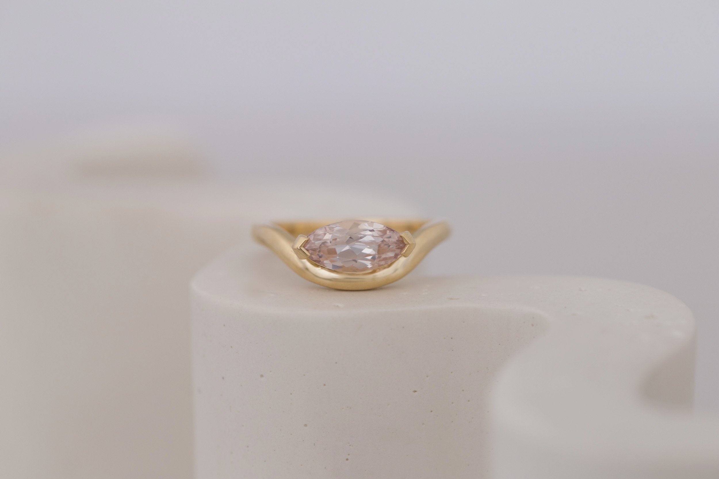 Rhodes Ring | Peach Marquise Sapphire Solitaire + Curved Band Engagement Ring 1.58 ct | 14k Recycled Gold | One of a Kind