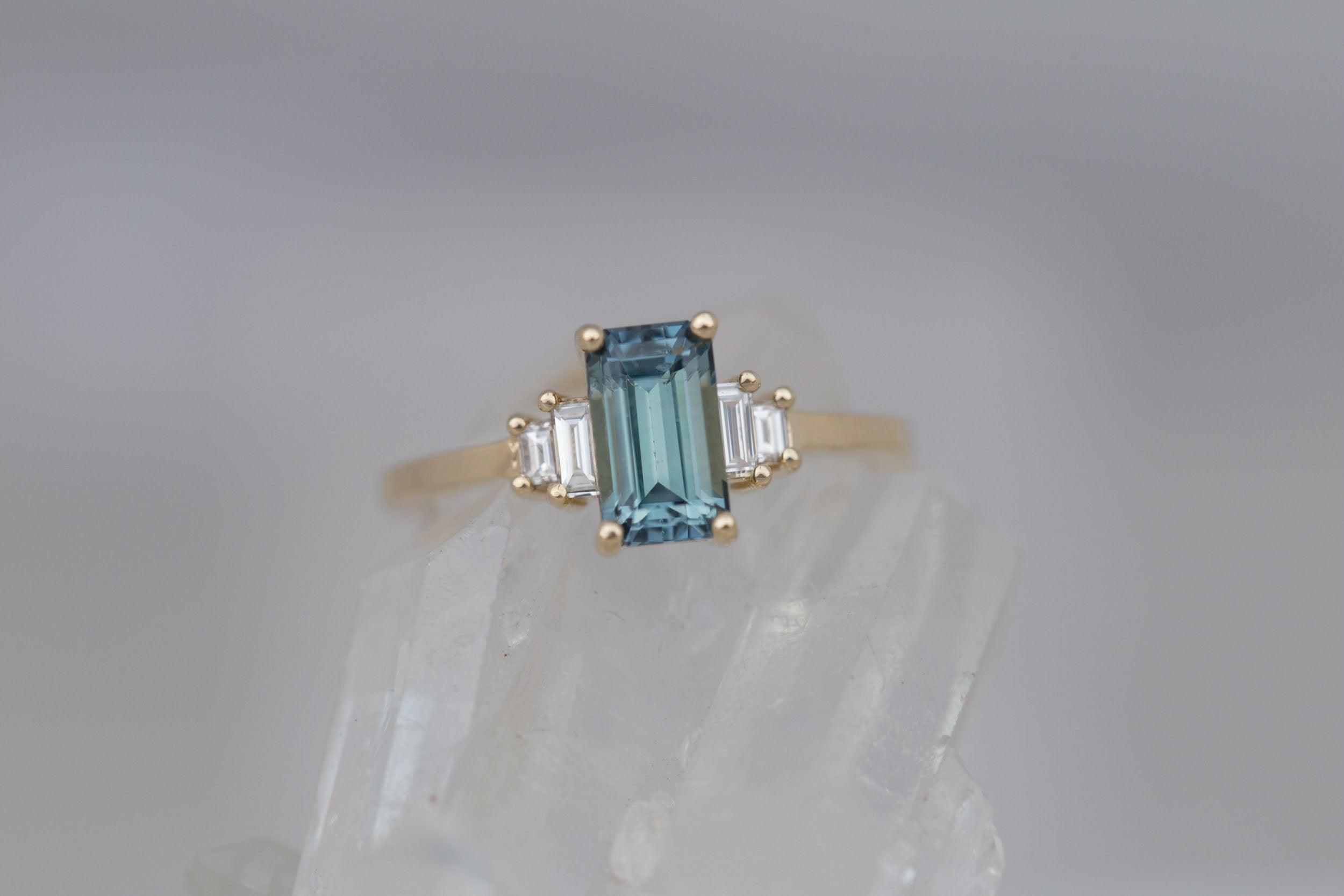 Ash Ring | Teal Emerald Cut Montana Sapphire + Diamond Baguette Engagement Ring 1.58 ct | 14k Recycled Gold | One of a Kind