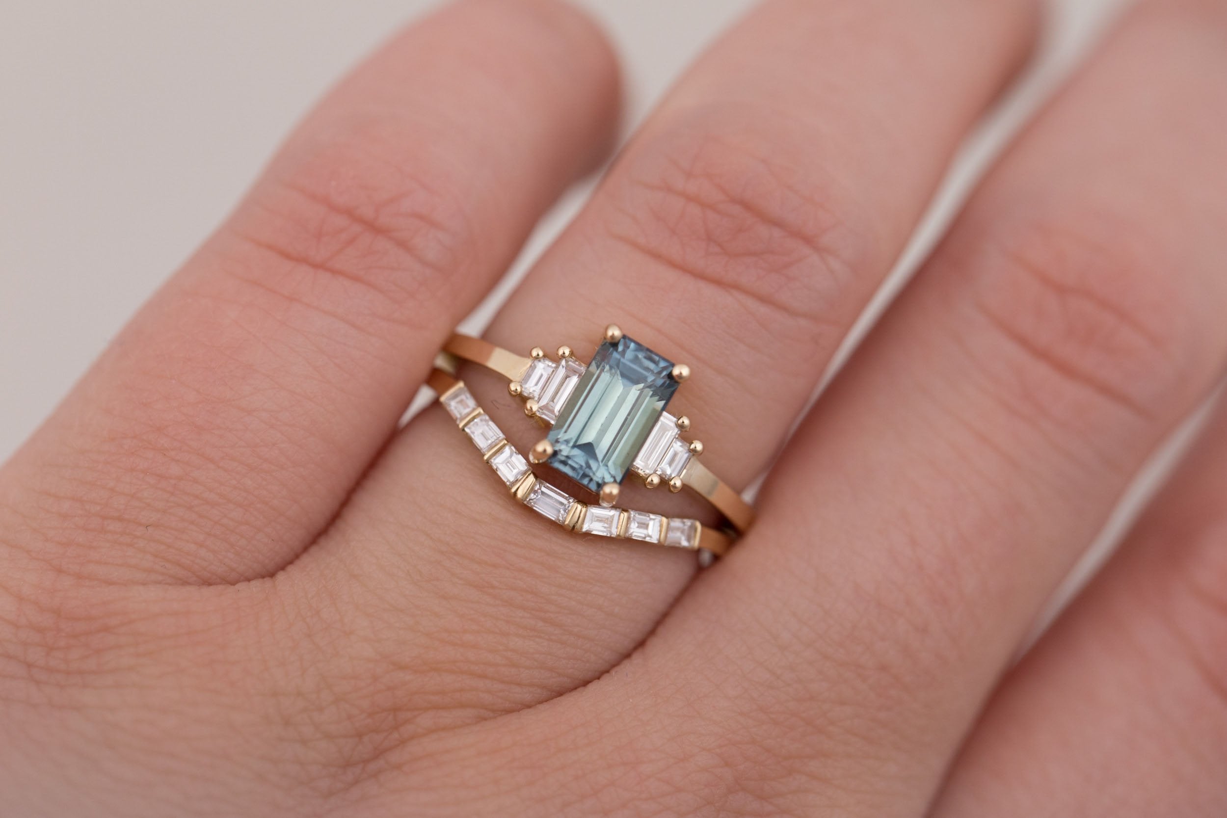 Ash Ring | Teal Emerald Cut Montana Sapphire + Diamond Baguette Engagement Ring 1.58 ct | 14k Recycled Gold | One of a Kind