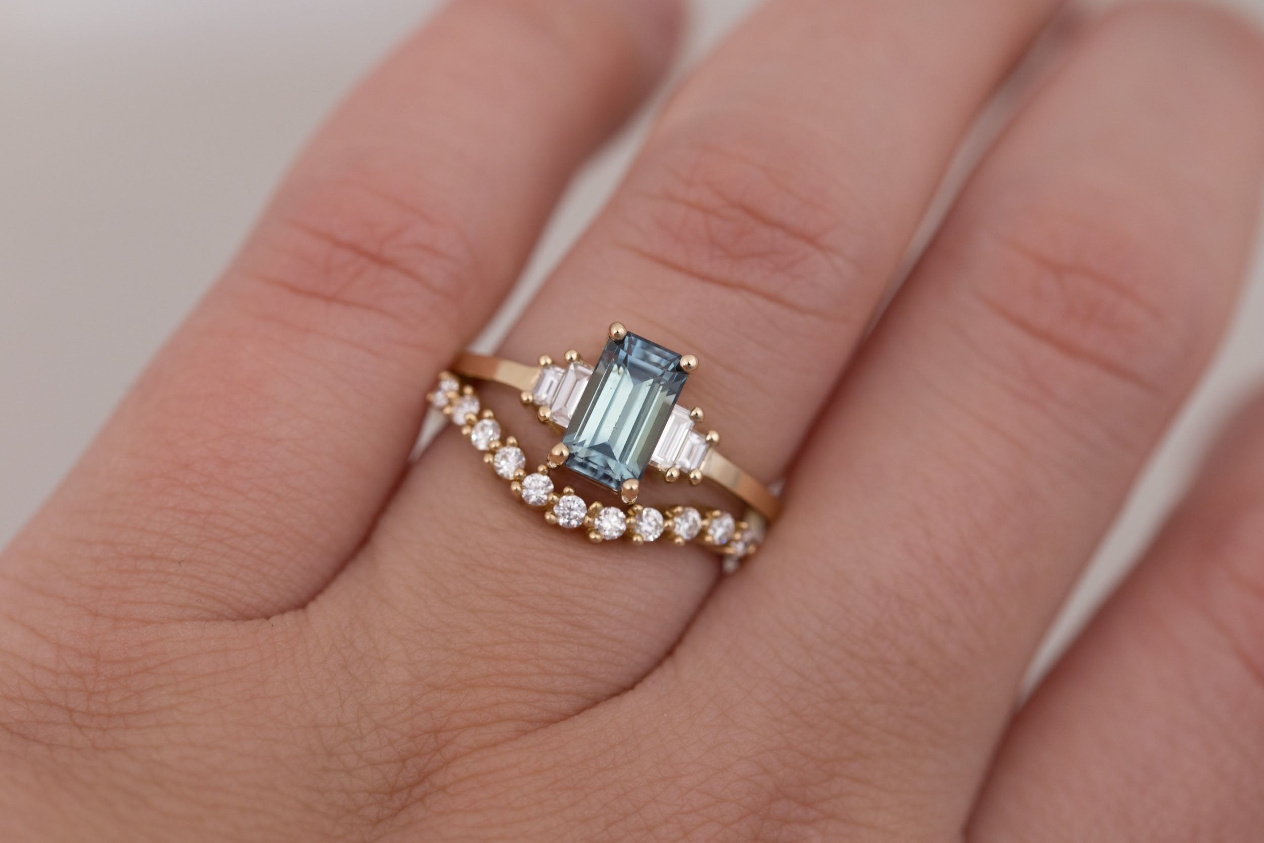 Ash Ring | Teal Emerald Cut Montana Sapphire + Diamond Baguette Engagement Ring 1.58 ct | 14k Recycled Gold | One of a Kind