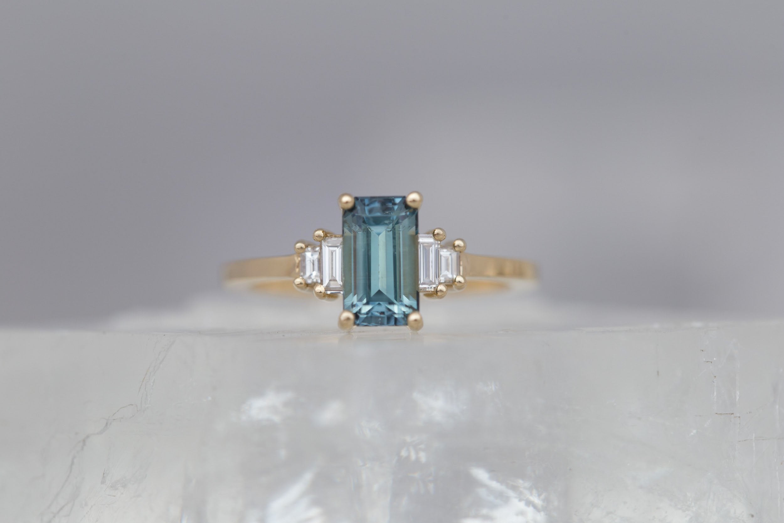 Ash Ring | Teal Emerald Cut Montana Sapphire + Diamond Baguette Engagement Ring 1.58 ct | 14k Recycled Gold | One of a Kind
