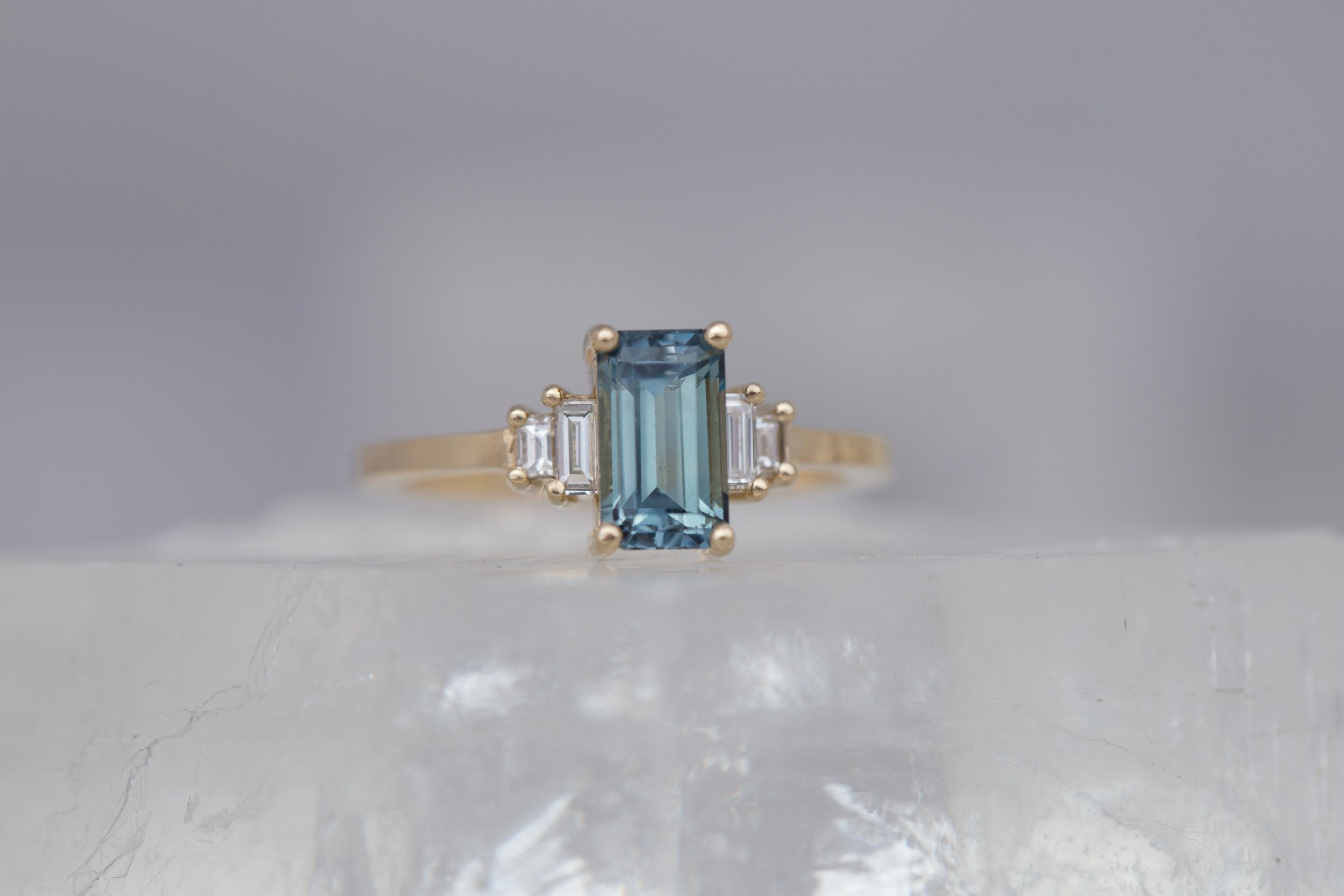 Ash Ring | Teal Emerald Cut Montana Sapphire + Diamond Baguette Engagement Ring 1.58 ct | 14k Recycled Gold | One of a Kind