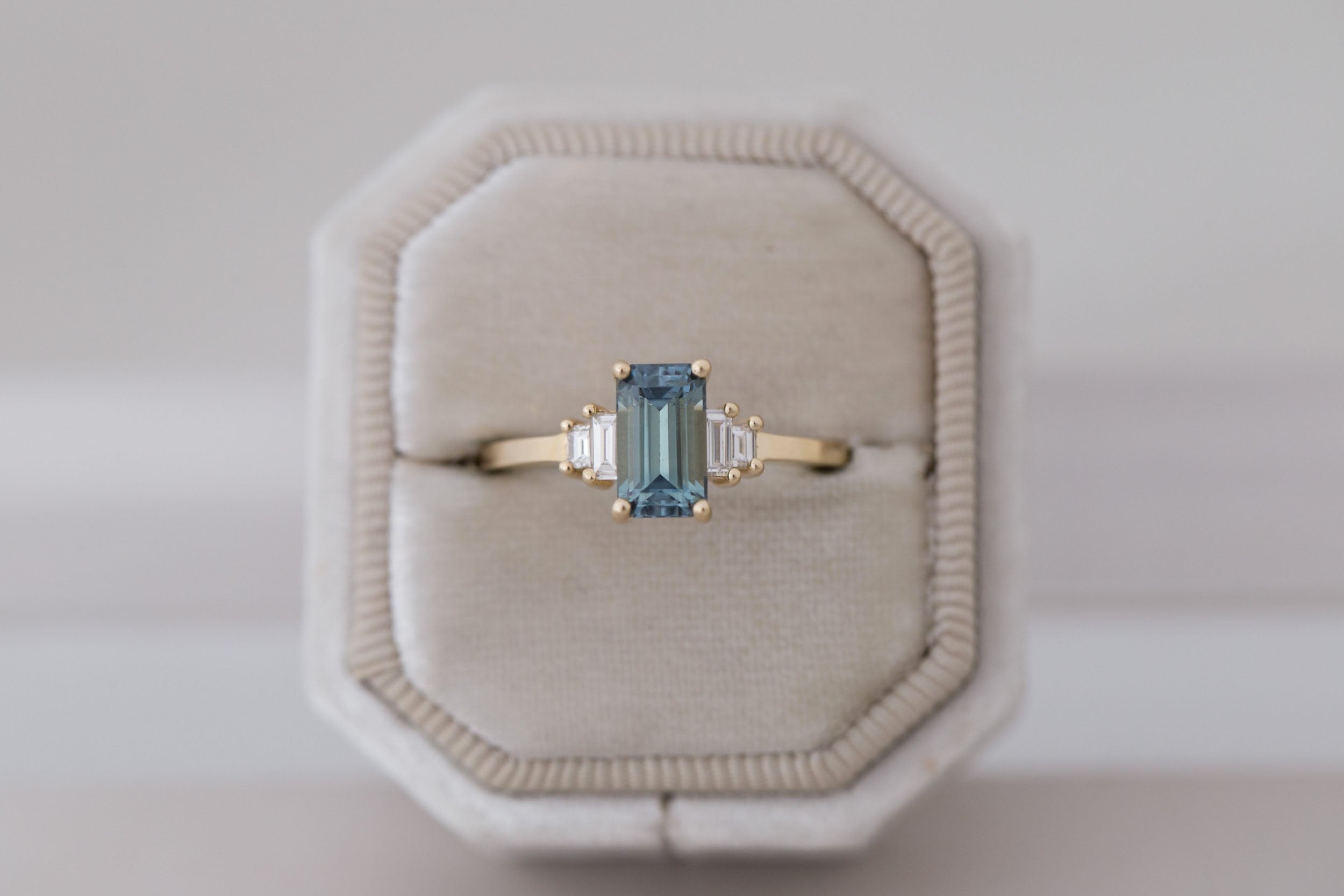 Ash Ring | Teal Emerald Cut Montana Sapphire + Diamond Baguette Engagement Ring 1.58 ct | 14k Recycled Gold | One of a Kind