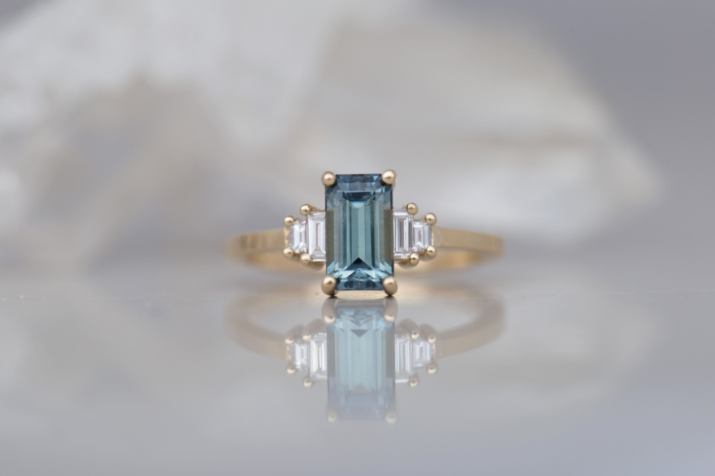Ash Ring | Teal Emerald Cut Montana Sapphire + Diamond Baguette Engagement Ring 1.58 ct | 14k Recycled Gold | One of a Kind