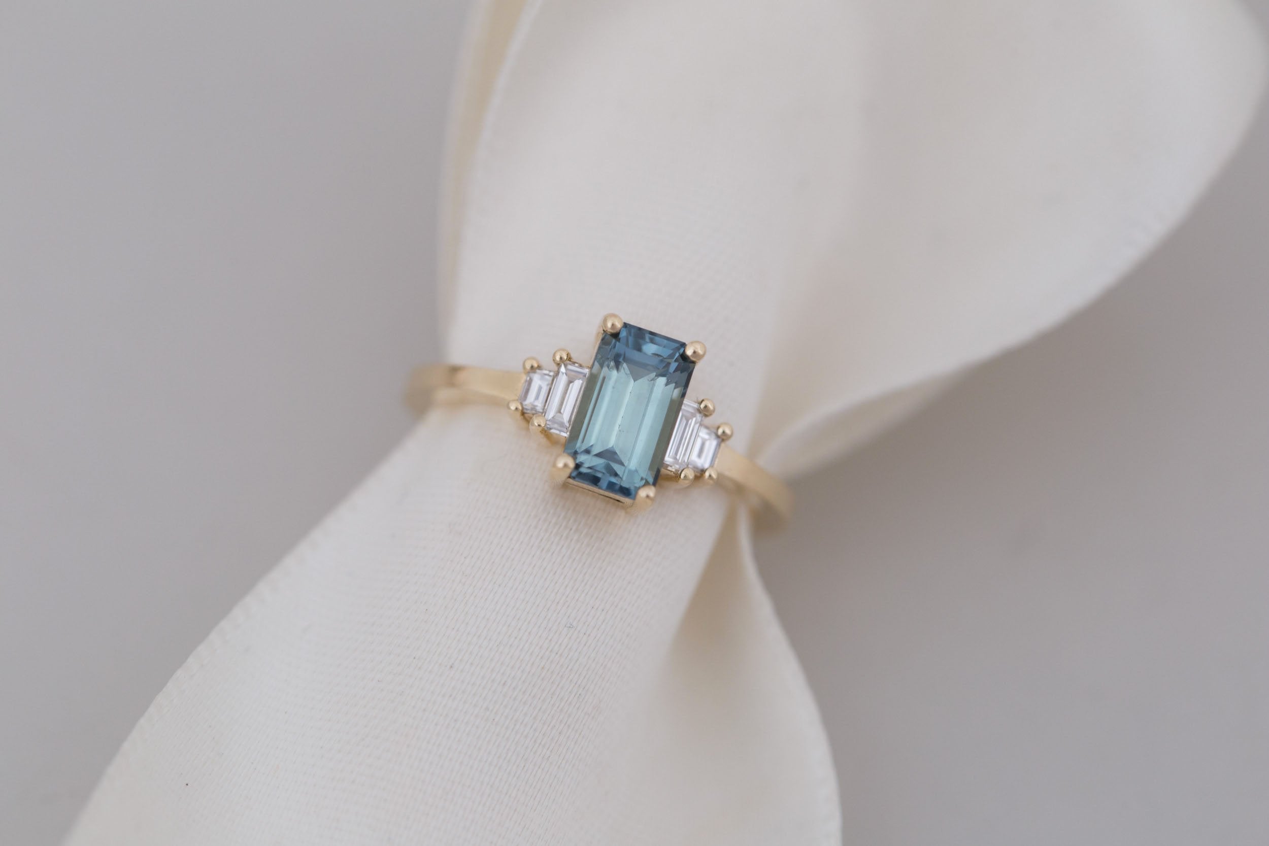Ash Ring | Teal Emerald Cut Montana Sapphire + Diamond Baguette Engagement Ring 1.58 ct | 14k Recycled Gold | One of a Kind