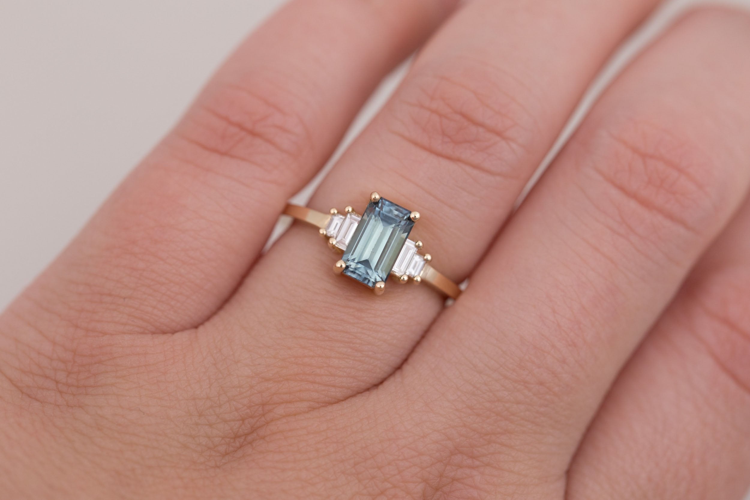 Ash Ring | Teal Emerald Cut Montana Sapphire + Diamond Baguette Engagement Ring 1.58 ct | 14k Recycled Gold | One of a Kind