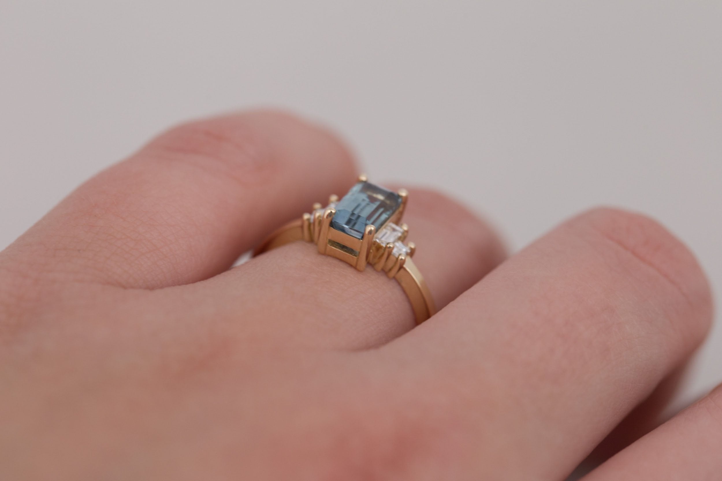 Ash Ring | Teal Emerald Cut Montana Sapphire + Diamond Baguette Engagement Ring 1.58 ct | 14k Recycled Gold | One of a Kind