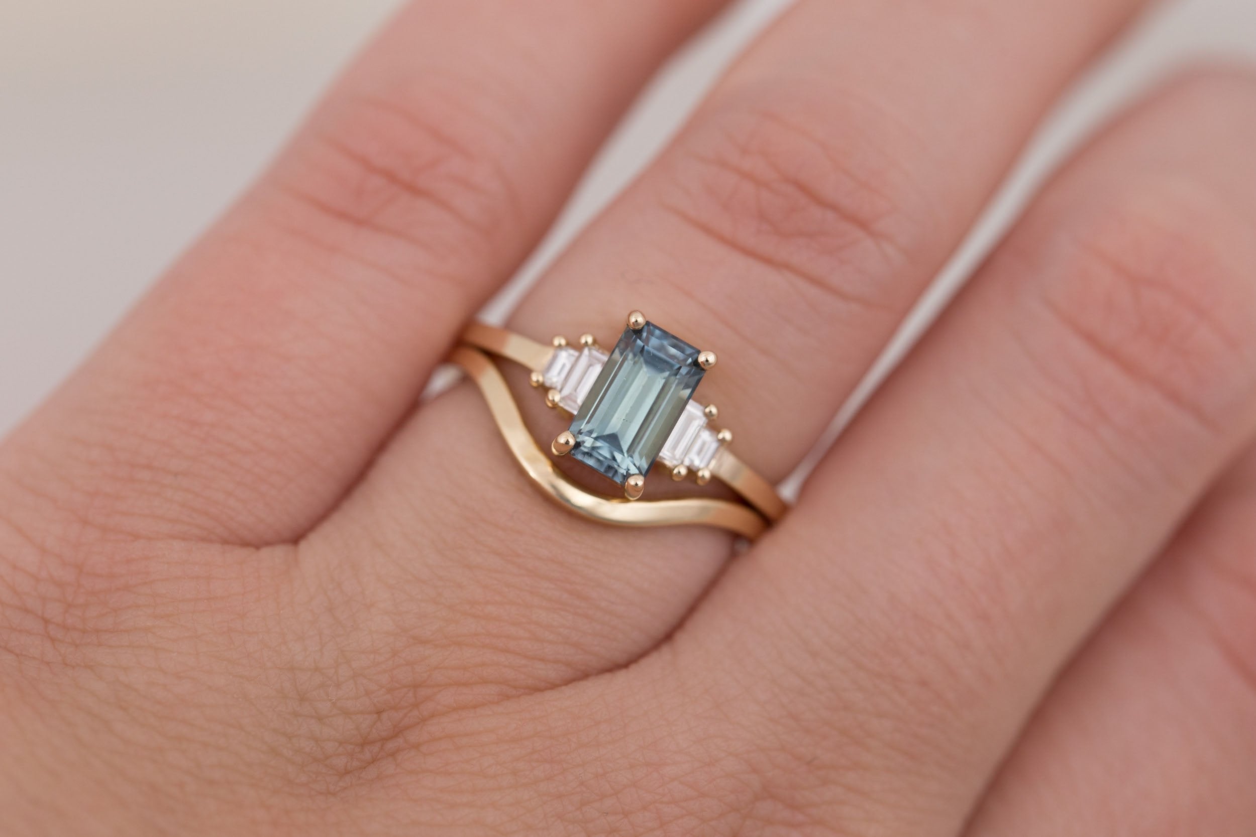 Ash Ring | Teal Emerald Cut Montana Sapphire + Diamond Baguette Engagement Ring 1.58 ct | 14k Recycled Gold | One of a Kind