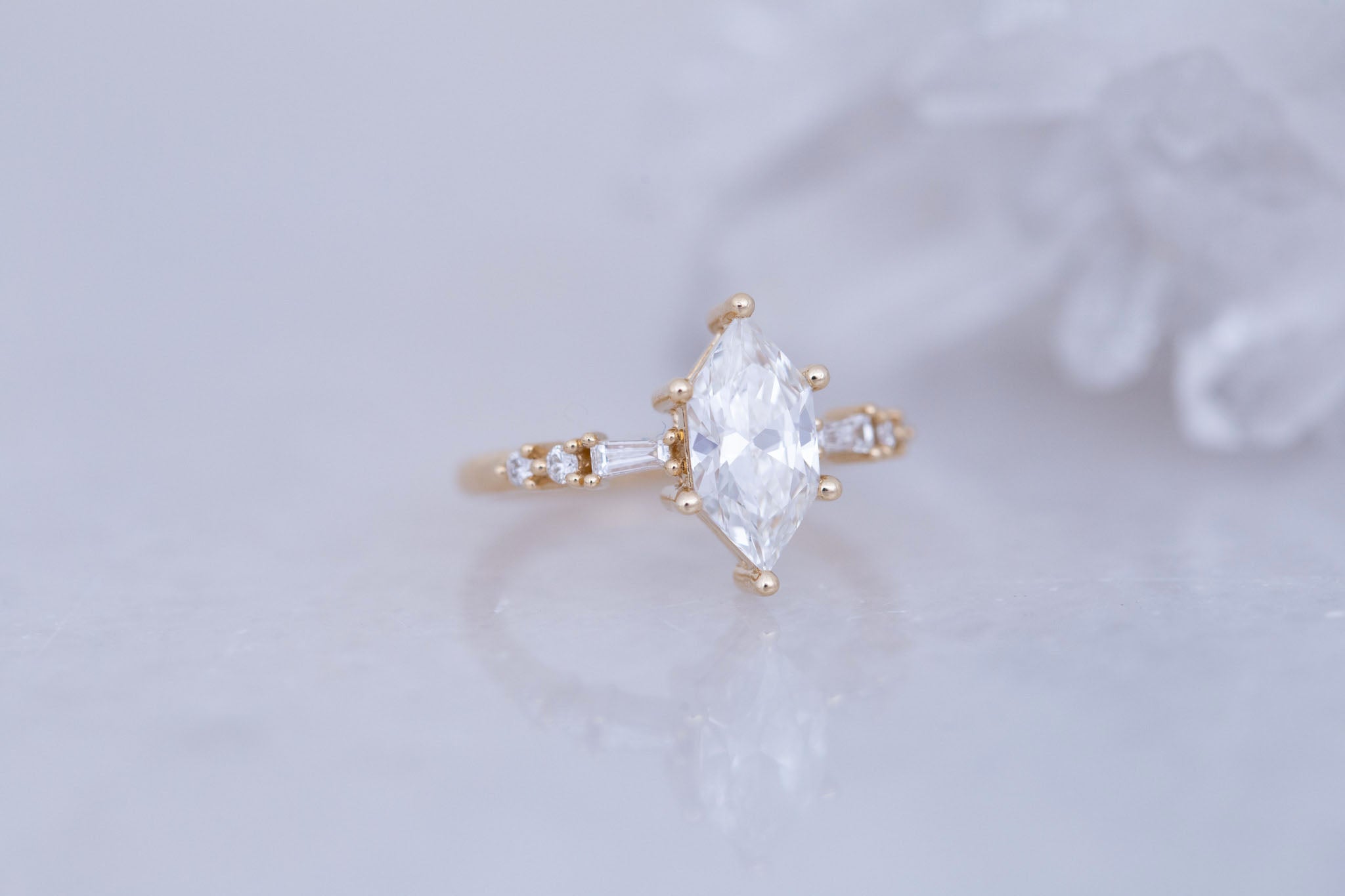 Liesel Ring | Lab Duchess Cut Diamond + Lab Diamond Baguette Accent Engagement Ring 1.58 ct | 14k Recycled Gold | One of a Kind