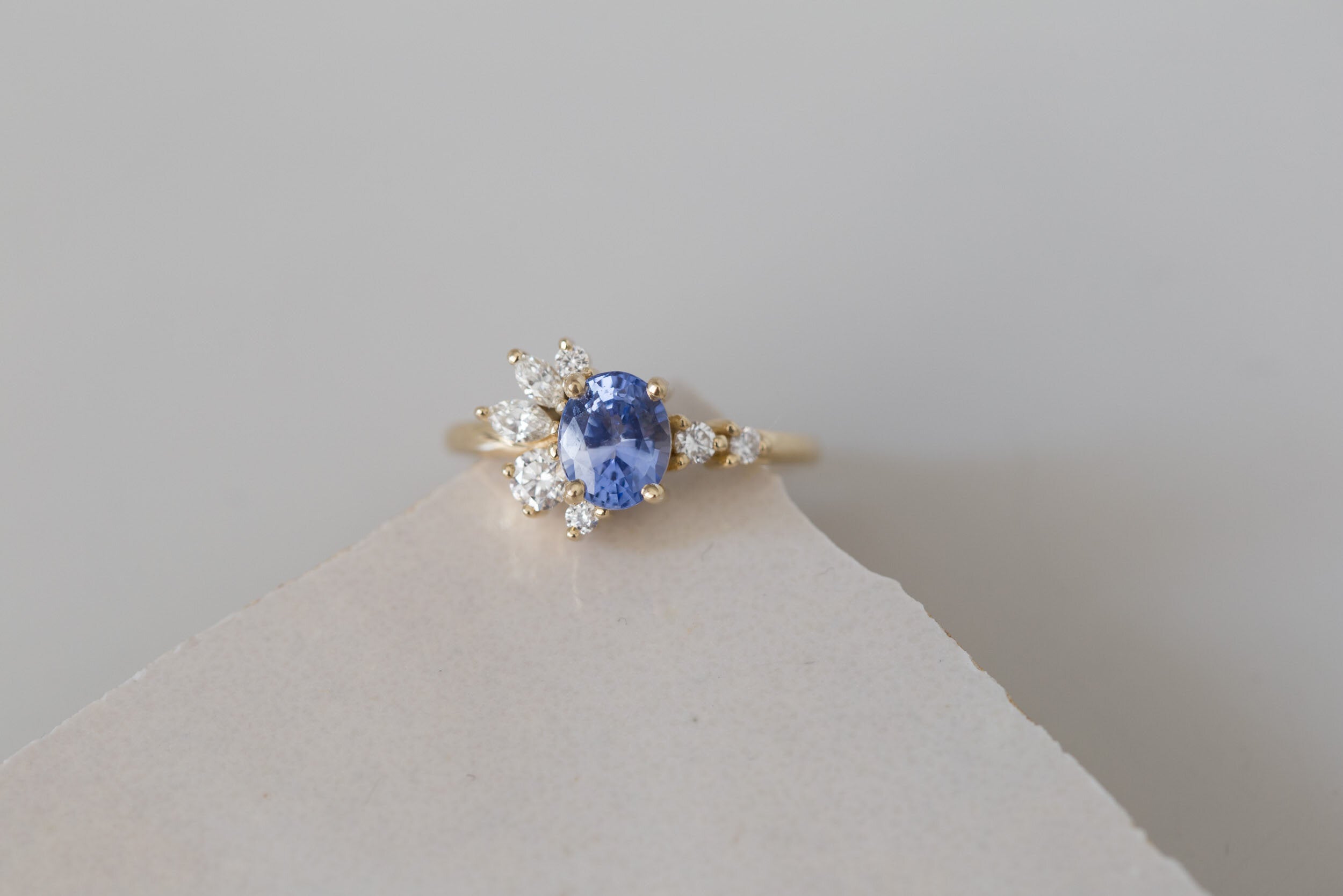 Ambretta Ring | Blue Oval Sapphire + Diamond Cluster Engagement Ring 1.59 ct | 14k Recycled Gold | One of a Kind