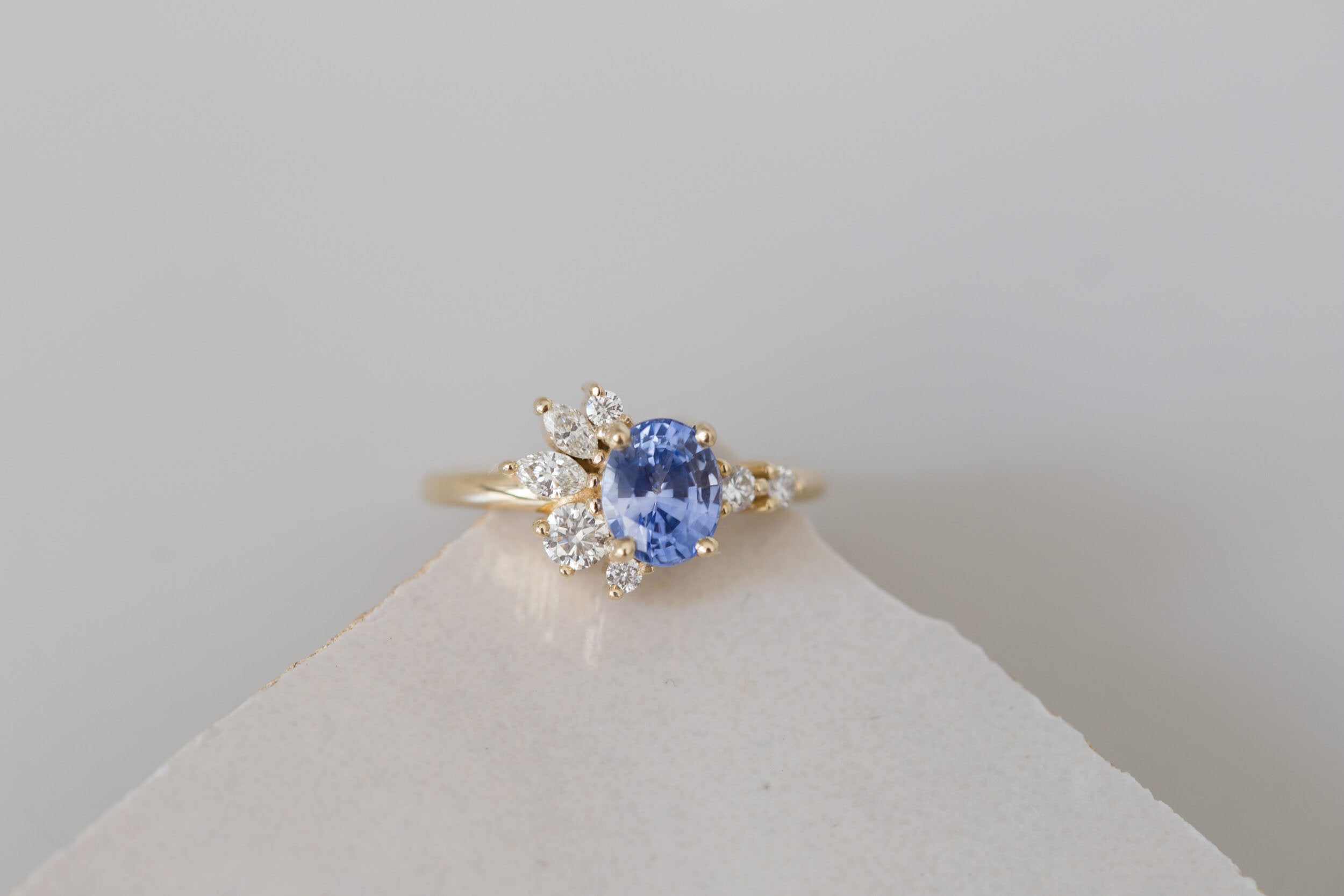 Ambretta Ring | Blue Oval Sapphire + Diamond Cluster Engagement Ring 1.59 ct | 14k Recycled Gold | One of a Kind