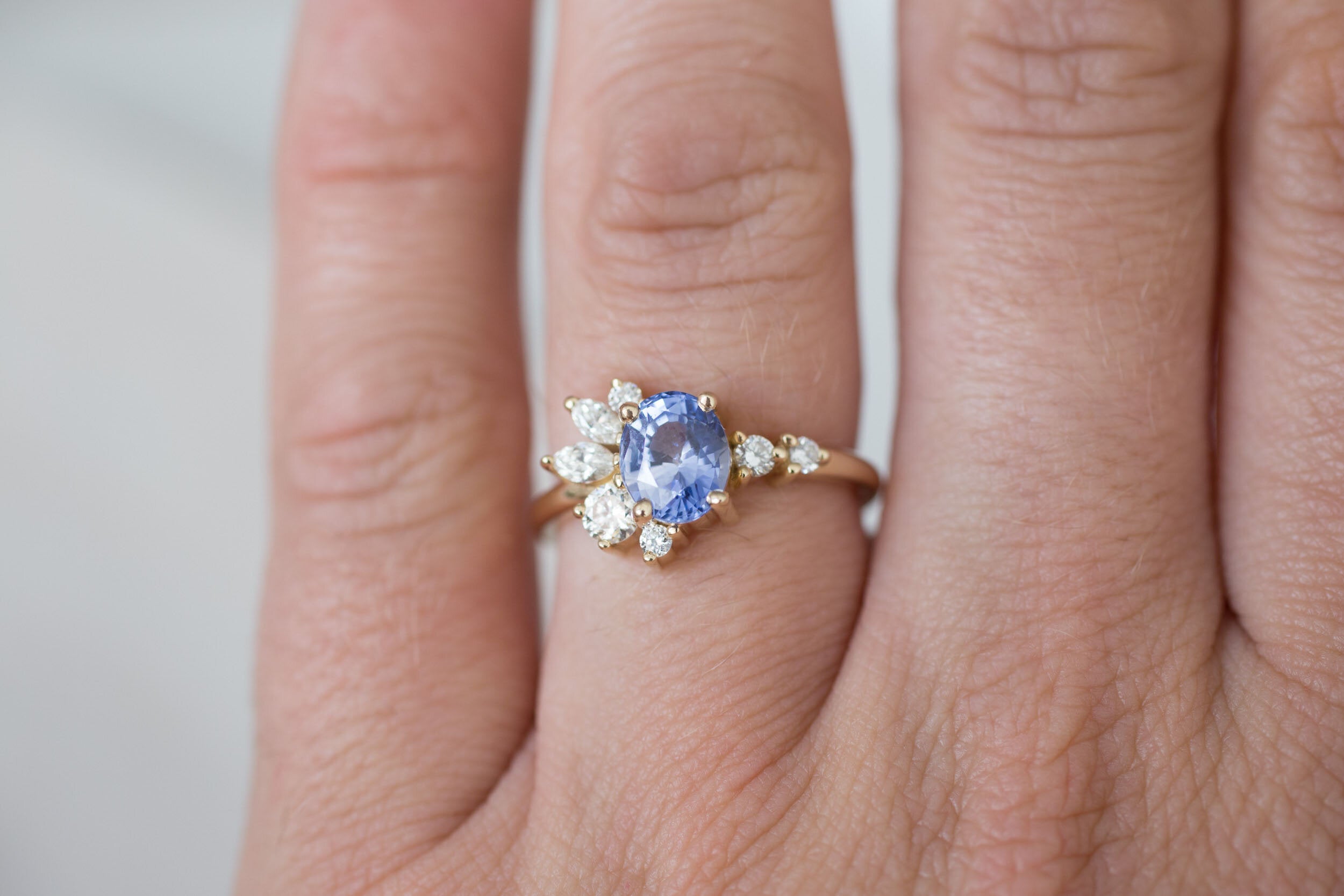 Ambretta Ring | Blue Oval Sapphire + Diamond Cluster Engagement Ring 1.59 ct | 14k Recycled Gold | One of a Kind