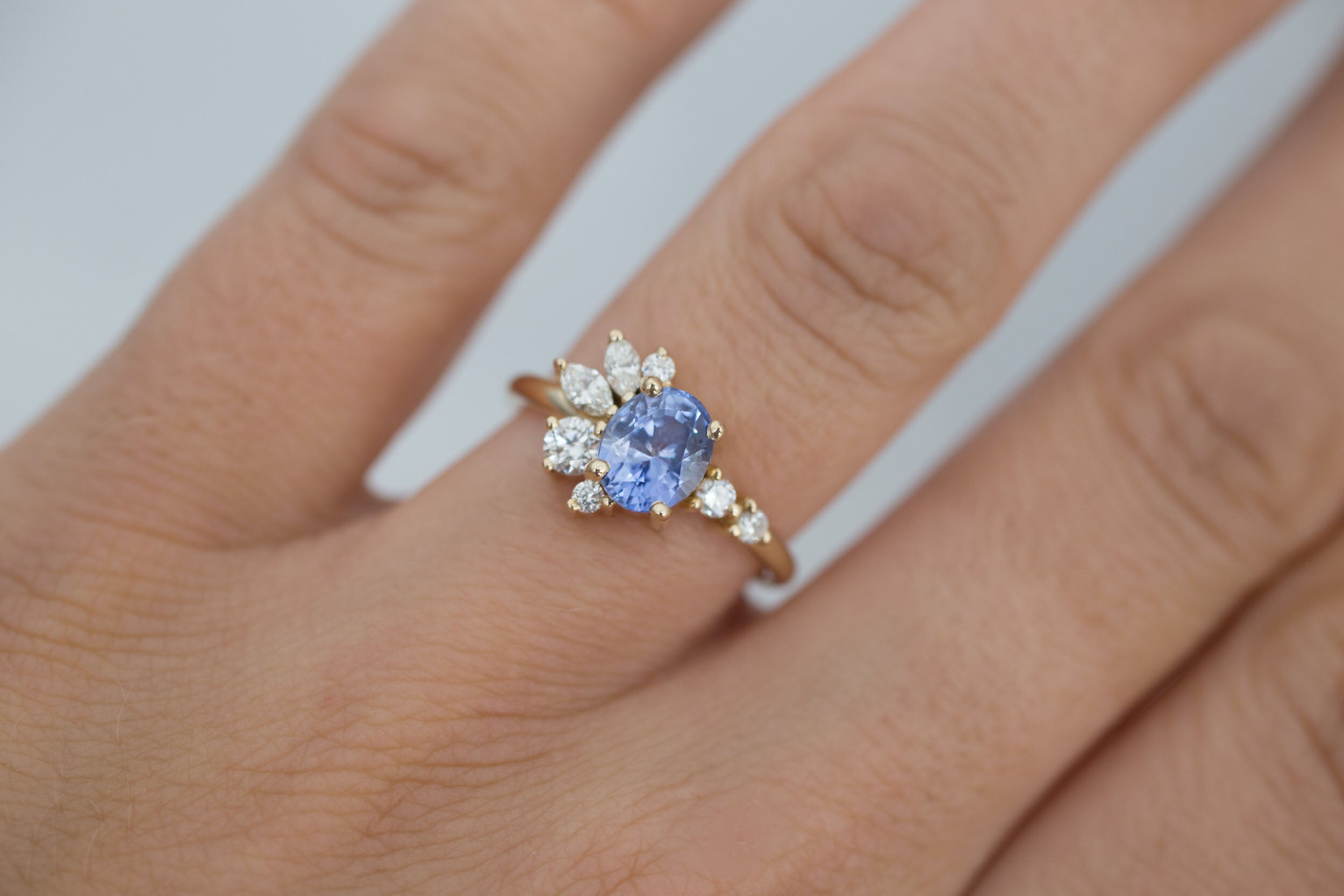 Ambretta Ring | Blue Oval Sapphire + Diamond Cluster Engagement Ring 1.59 ct | 14k Recycled Gold | One of a Kind