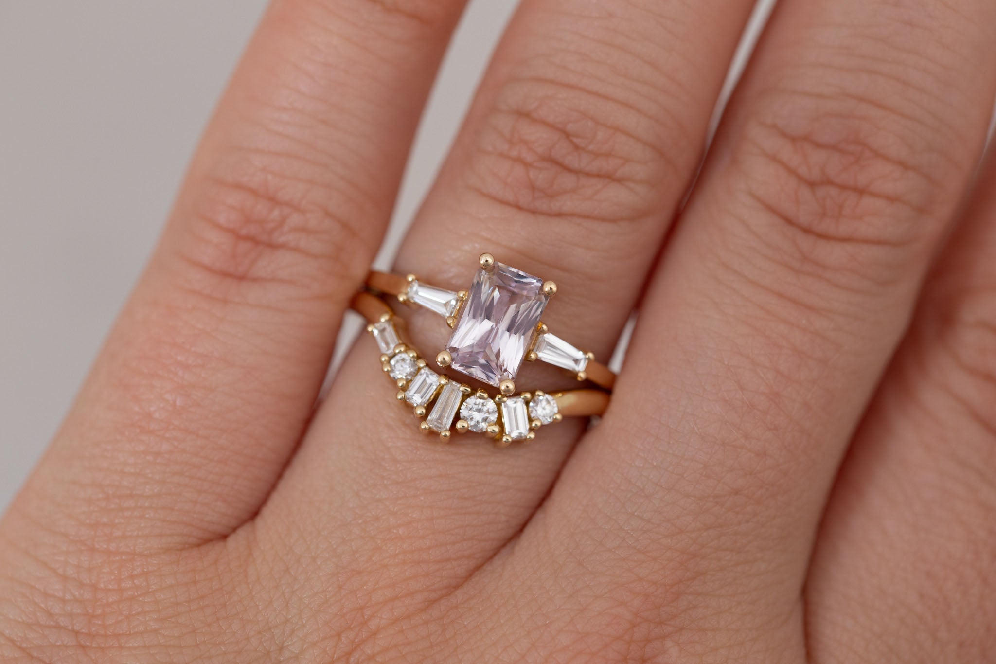 Marlowe Ring | Icy Lavender Emerald Cut Sapphire + Tapered Baguette Engagement Ring 1.34 ct | 14k Recycled Gold | One of a Kind